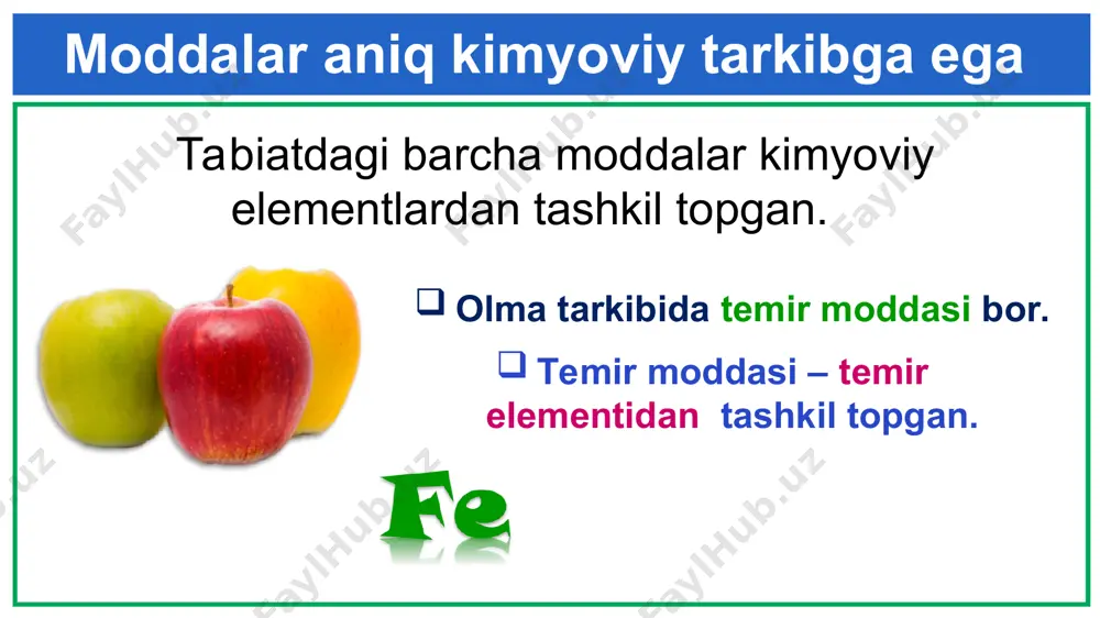 ortiq element tabiatda kam miqdorda uchraydi. ha yoki yo‘q mustaqil bajarish uchun topshiriqlar: molekular va nomolekular tuzilishdagi moddalar orasida qanday farqlar bor? misollar kelti- ring. temirdan qanday jism(buyum)lar tayyorlash mumkin? kundalik turmushda ishlatiladigan qoshiqni qanday moddalardan tayyorlash mumkin?