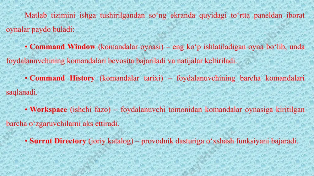 higa olingan belgilarning ixtiyoriy ketma-ketligi). ifodalar – matlab tilining ob’yekti bo‘lib, operasiyalar orqali o‘zgarmaslar, o‘zgaruvchilar va funksiyalarning ma’noga ega bo‘lgan to‘plamidir. ifodalar arifmetik, mantiqiy va simvolli kabi turlarga bo‘linadi. operasiyalar – matrisalarni ko‘shish, ayirish, ko‘paytirish, darajaga ko‘tarish, o‘ng va chap bo‘lish va x.k.lar bo‘lib, ular xaqidagi ma’lumotlarni help ops komandasi orkali olish mumkin. mathcad bu matematikaning turli sohalaridagi masalalarini yechishga mo’ljallangan ajoyib sistemadir. dasturning nomlanishi ikkita so’zdan iborat bo’lib – mathematika (matematika) va cad (avtomatik loyihalash sistemasi). mathcad ni o’rganish juda oson bo’lib, uni ishlatish soddadir. ushbu dasturni boshqarish windows muhitida oldin ishlaganlar uchun intuitiv tushinarlidir. mathcad ni juda ko’p sohalarda sodda hisoblashlarni hisoblashdan tortib to elektrik sxemalarni qurishgacha ishlatish mumkin. mathcad formula, sonlar, matnlar va grafiklar bilan ishlaydigan universal sistemadir. mathcad dasturini ishga tushurish uchun: пуск=> все программы=> mathcad=> mathcad 14 mathcad dasturini ishchi maydoni: mathcad tizimining menyusi alohida o'rin tutadi. mathcad menyu buyruqlari to'plami quyidagilardan iborat: file, edit, …
