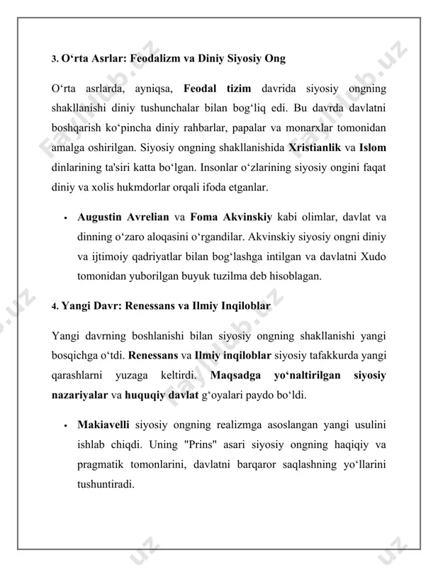 q va adolatli ma'lumot olish imkoniyatini beradi. ommaviy axborot vositalari yordamida siyosiy ongni shakllantirish va fuqarolarni siyosiy jarayonlarga jalb qilishda yangi imkoniyatlar ochiladi. · siyosiy manipulyatsiya: texnologiyalarning rivojlanishi bilan siyosiy manipulyatsiyalar ham kengaygan. "fake news" (yolg‘on yangiliklar), ma'lumotlarni manipulyatsiya qilish va siyosiy reklama orqali jamiyatda noto‘g‘ri tasavvurlarni shakllantirish siyosiy ongning noxush o‘zgarishlariga olib kelishi mumkin. shu sababli, siyosiy ongni shakllantirishda axborotning sifatiga e'tibor qaratish zarur. 3. globalizatsiya va global siyosiy ong hozirgi kunda siyosiy ongning shakllanishi globalizatsiya jarayonlariga chambarchas bog‘liq. globalizatsiya davlatlar o‘rtasidagi iqtisodiy, siyosiy va madaniy aloqalarni kengaytiradi va shu orqali global siyosiy ongni shakllantiradi. global muammolar, masalan, iqlim o‘zgarishi, terrorizm, migratsiya, inson huquqlari, global iqtisodiy o‘zgarishlar siyosiy ongni shakllantirishda yangi paradigmalarga olib keladi. · global muammolar: hozirgi zamon siyosiy ongini shakllantirishda global muammolar, masalan, ekologik krizis, iqlim o‘zgarishi, global pandemiyalar, xalqaro siyosat va iqtisodiyotning globalizatsiyasi, migratsiya jarayonlari alohida o‘rin tutadi. fuqarolar va siyosiy partiyalar bu muammolarni hal etishda …
