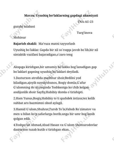 uyushiq boʻlaklarning gapdagi ahamiyati — DOCX
