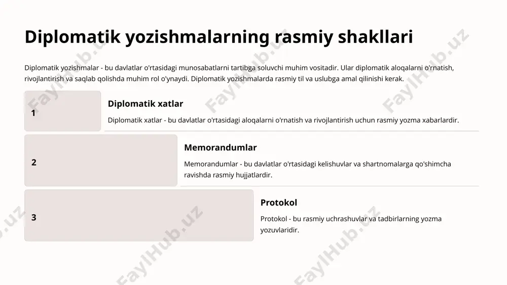 a yuboramiz" degan jumla "so'rovingizga tez orada javob beramiz" dan ancha aniq va samaraliroqdir. uzoq va murakkab jumlalardan qochish, fikrlarni qisqa va tushunarli qilib ifodalash muhim. hurmat va muloyimlik hurmat va muloyimlik har qanday biznes aloqalarida muhimdir. xatlarda "siz" olmoshini ishlatish, rasmiy murojaat shakllaridan foydalanish va o'quvchining fikr va his-tuyg'ularini hisobga olish kerak. masalan, "sizning murojaatingizni qabul qildik va uni ko'rib chiqamiz" degan jumla "murojaatingizni oldik" dan ancha yaxshiroqdir, chunki u muloyimlikni va o'quvchiga bo'lgan hurmatni namoyon etadi. salbiy xabarlarni ham muloyim va diplomatik tarzda etkazishga harakat qilish lozim. to'g'ri grammatika va imlo to'g'ri grammatika va imlo xatning ishonchliligi va professionalligini ta'minlaydi. xatlardagi xatolar o'quvchida salbiy taassurot qoldirishi mumkin. shuning uchun, xatni yuborishdan oldin uni diqqat bilan tekshirish va tahrir qilish zarur. zamonaviy imlo va grammatika tekshirgichlardan foydalanish ham foydali bo'ladi. xatda grammatik va imlo xatolari bo'lsa, o'quvchi sizning professionalligingizga shubha qilishi mumkin. 11 tijorat yozishmalari tuzishda qoidalar va nomenklatura …
