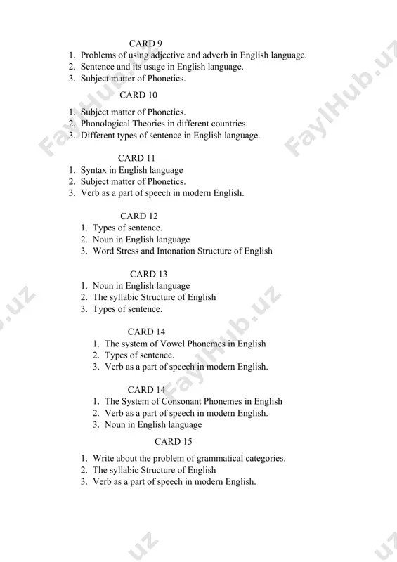tical categories. 2. the syllabic structure of english 3. verb as a part of speech in modern english. card 16 1. syntax in english language 2. the syllabic structure of english 3. verb as a part of speech in modern english. card 17 1. noun in english language 2. the system of consonant phonemes in english 3. the syllabic structure of english card 18 1. the system of vowel phonemes in english 2. the system of consonant phonemes in english 3. verb as a part of speech in modern english. card 19 1. the system of consonant phonemes in english 2. verb as a part of speech in modern english. 3. the syllabic structure of english card 20 1. the syllabic structure of english 2. verb as a part of speech in modern english. 3. noun in english language card 21 1. noun in english language 2. the system of …