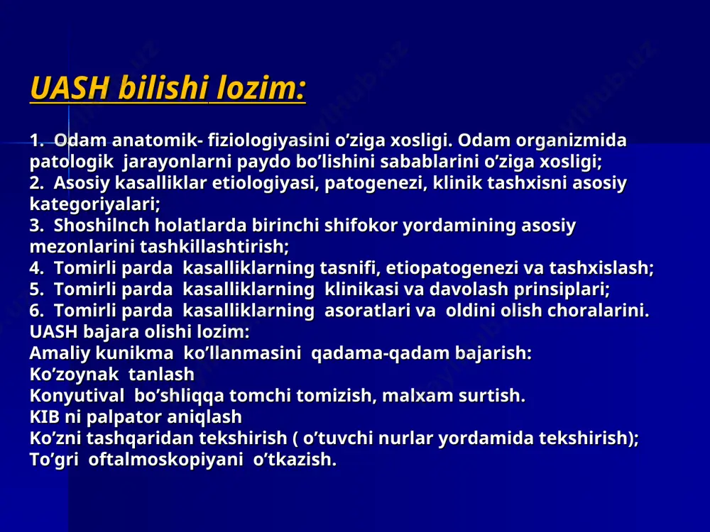 ta fuks sindromi кlinika bosqichlari: i bosqich – boshlang’ich ii bosqich - o’tuvchi iii bosqich - rivojlanish iv bosqich - o’tib ketgan кlinika i bosqich – boshlang’ich shoh parda orqa yuzasida kam miqdorda presipitatlar to’g’ri yoki invert tipda geterohromiya rangdor parda mezodermal qavatining emirilishi hisobiga stromasining boshlang’ich atrofiyasi ba’zida midriza paydo bo’ladi shishasimon tanada engil suzib yuruvchi hiralanishlar кlinika ii bosqich - o’tuvchi rangdor pardada distrofik o’zgarishlar ortadi hususiy tomirlar paydo buladi qorachiq pigment halqasining destruksiyasi paydo bo’ladi gavharning orqa qavatlarida vakuol va subkapsular hiralanishlar paydo bo’ladi ko’z ichki suyuqligining oshishi bilan bog’liq keskin bo’lmagan oftalmotonusning oshishi kuzatiladi кlinika iii bosqich - rivojlanish rangdor parda stromasining qisman atrofiyasi kuzatiladi, biomikroskopiyada uning to’qimasi panjarasimon bo’lib ko’rinadi shoh parda orqa yuzasidagi presipitatlar ko’payadi rangdar pardadagi o’zgarishlar midriazning yoqqollashuviga va qorachiq reakciyasini susayishiga olib keladi fuks sindromida rangdor parda diafanoskopiyasi кlinika iv bosqich - o’tib ketgan shoh parda orqa yuzasida dissiminirlashgan presipitatlar rangdpr …