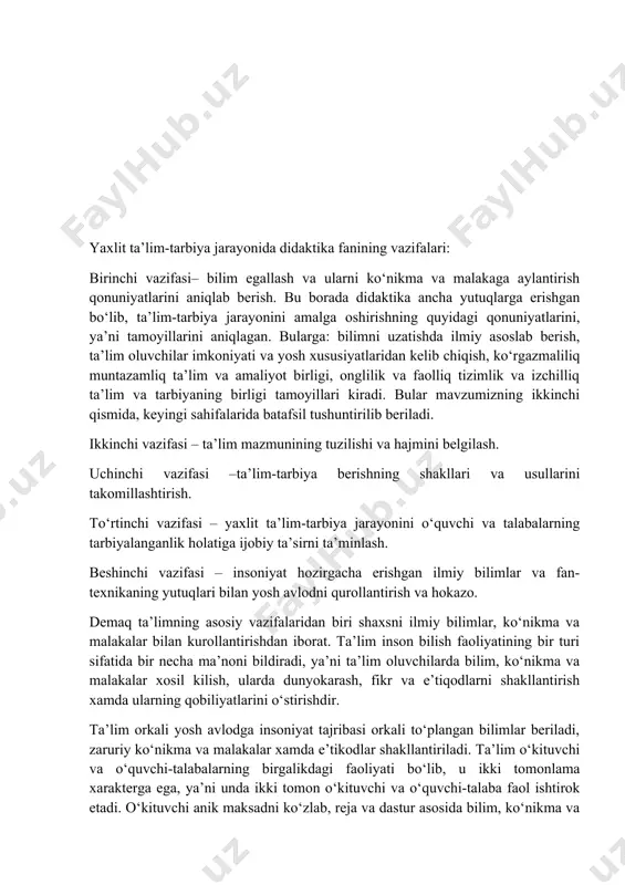 limlar beriladi, zaruriy ko‘nikma va malakalar xamda e’tikodlar shakllantiriladi. ta’lim o‘kituvchi va o‘quvchi-talabalarning birgalikdagi faoliyati bo‘lib, u ikki tomonlama xarakterga ega, ya’ni unda ikki tomon o‘kituvchi va o‘quvchi-talaba faol ishtirok etadi. o‘kituvchi anik maksadni ko‘zlab, reja va dastur asosida bilim, ko‘nikma va malakalarni singdiradi, o‘quvchi-talabalar esa uni faol o‘zlashtirib oladi. bildirish, bilish murakkab, kiyin, ziddiyatli jarayondir. bu jarayonda inson psixikasiga tegishli sezgi, idroq xotira, xayol, diqqat, tasavvur, tafakkur va nutq kabi jarayonlar faol ishtirok etadi va muhim rol o‘ynaydi. ta’lim berish, yoshlarga bilim berish, ularda ko‘nikma va malakalarni xosil kilish, ya’ni haqiqatlarni ocha olishga qodir bo‘lgan jiddiy mantiqiy tafakkurni tarbiyalashdir. didaktikaning ilmiy-nazariy vazifasi ta’limning mavjud jarayonlarini o‘rganish, uning turli jihatlari o‘rtasidagi bog‘liqliklar, ularning mohiyatini ochib berish, rivojlanish tendensiyalari va kelajagini aniqlashdan iboratdir. o‘zlashtirilgan nazariy bilimlar ta’lim amaliyotini yo‘naltirish, ta’limni jamiyat tomonidan qo‘yilayotgan ijtimoiy talablarga muvofiq takomillashtirishga imkon beradi. ta’lim mazmunini anglab olish, ta’lim tamoyillari, ta’lim metod va vositalarini qo‘llash me’yorlarini …