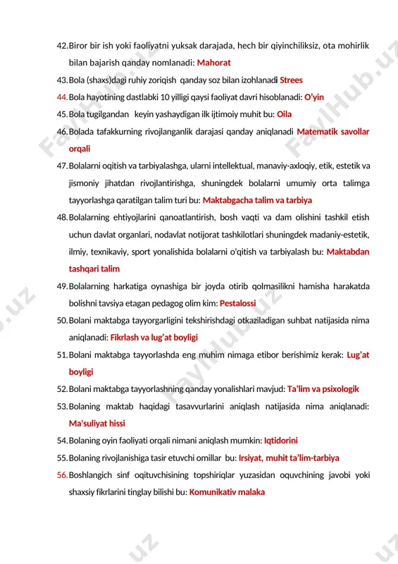 intellektual, ma�naviy-axloqiy, etik, estetik va jismoniy jihatdan rivojlantirishga, shuningdek bolalarni umumiy o�rta ta�limga tayyorlashga qaratilgan ta�lim turi bu: maktabgacha ta�lim va tarbiya 48. bolalarning ehtiyojlarini qanoatlantirish, bo�sh vaqti va dam olishini tashkil etish uchun davlat organlari, nodavlat notijorat tashkilotlari shuningdek madaniy-estetik, ilmiy, texnikaviy, sport yo�nalishida bolalarni o'qitish va tarbiyalash bu: maktabdan tashqari ta�lim 49. bolalarning harkatiga o�ynashiga bir joyda o�tirib qolmasilikni hamisha harakatda bo�lishni tavsiya etagan pedagog olim kim: pestalossi 50. bolani maktabga tayyorgarligini tekshirishdagi o�tkaziladigan suhbat natijasida nima aniqlanadi: fikrlash va lug’at boyligi 51. bolani maktabga tayyorlashda eng muhim nimaga e�tibor berishimiz kerak: lug’at boyligi 52. bolani maktabga tayyorlashning qanday yo�nalishlari mavjud: ta’lim va psixologik 53. bolaning maktab haqidagi tasavvurlarini aniqlash natijasida nima aniqlanadi: ma'suliyat hissi 54. bolaning o�yin faoliyati orqali nimani aniqlash mumkin: iqtidorini 55. bolaning rivojlanishiga ta�sir etuvchi omillar bu: irsiyat, muhit ta’lim-tarbiya 56. boshlang�ich sinf o�qituvchisining topshiriqlar yuzasidan o�quvchining javobi yoki shaxsiy fikrlarini tinglay bilishi bu: …