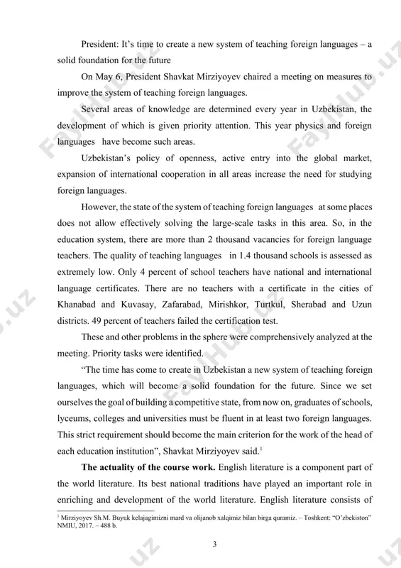 republic of uzbekistan”. a foreign language plays a huge role in shaping the personality and improving education, because with the help of it you can get direct access to the spiritual wealth of another country, get the opportunity to directly communicate with representatives of other nations. therefore, it is not surprising that recently in our country there has been a significant increase in interest in foreign languages, mainly in english. the aim and tasks of the course work. english literature is a rich literature. it includes masterpieces in many forms, particularly a novel, a short story, an epic and lyric poetry, an essay, literary criticism, and drama. english literature is also one of the oldest national literatures in the world. the masters of english literature from the turn of the xiv century to the present rank among the world’s greatest literary figures. such names as geoffrеy chaucer, william shakespeare, christopher …