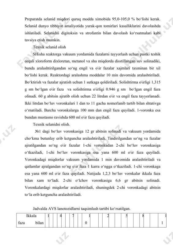 la faza bilan xam to‘ladi. 2-chi o‘lchov voronkasiga 6,6 gr abitsin solinadi. voronkalardagi miqdorlar aralashtiriladi, shuningdek 2-chi voronkadagi abitsin to‘la erib ketguncha aralashtiriladi. jadvalda avs lanotozidlarni taqsimlash tartibi ko‘rsatilgan. ikkala faza bilan to‘ldirilgan o‘lchov voronkalari soni 1 4 7 10 2 5 8 11 2 5 8 11 3 6 9 3 6 9 1 4 7 10 abitsin qo‘shilgan voronkalar soni 1 2 3 4 5 6 7 8 9 10 11 qo‘shilgan abitsin miqdori. g 12 6,6 5,4 4,8 4,5 4,5 4,5 4,5 4,5 4,5 4,5 № 6 voronkaga abitsin qo‘shilib va barcha voronkalardagi miqdorlar aralashtirilganadan so‘ng № 11 voronkadagi o\ir faza butilkaga quyib olinadi, boshqa voronkalardagi o\ir fazalar bir karra o‘nga o‘tkaziladi. shu tarzda № 1 o‘lchov kolbasida faqat engil faza qoladi, u boshqa butilkaga quyib olinadi. № 1 dagi voronka qatorni oxiriga o‘tkaziladi va nomerlash xam 2,3,4....11.1 kabi bo‘ladi. barcha voronkalardagi miqdorlar aralashtiriladi va o\ir faza …