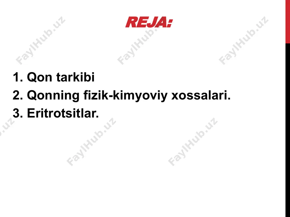uvida muhim ahamiyatga ega. qonning osmotik bosimi: qonning ph ko’rsatkichi: qonning ph ko’rsatkichi-h ionlar konsentratsiyasi va kislota- ishqor muvozanatini ifodalaydi. normada arterial qonning ph-7.4 (kuchsiz ishqoriy muhit ) venoz qonniki- 7.34 ga teng. hujayralar va to’qimalarda -7.2 ga teng. qonning ph ko’rsatkichini o’zgarishi: kislota tomonga siljishi-atsidoz, ishqoriy tamonga siljishi –alkoloz deyiladi. hayotiy chegaralar :6.9-7.8 ga teng. qonning ph ko’rsatkichi doimiyligi organizm bufer sistemalar tomonidan boshqariladi . organizmda 4 ta bufer sistema mavjud : -gemoglobinli bufer sistema ( 75 %) -karbonatli bufer sistema -fosfatli bufer sistema -oqsilli bufer sistema. bufer sistema ph ning o’zgarishi bilan belgilanadi. ph ko’rsatkichini doimiyligini saqlashda quyidagi organlar ishtirok etadi o’pka,buyrak,oshqozon- ichak tizimi,yurak (laktatni utilizatsiyalaydi), ter bezlari . eritrositlar tuzilishi: eritrositlar ikki tamoni botiq disksimon shaklga ega. eritrositlar tuzilishi: eritrositlar miqdori : normada eritrositlar miqdori : ayollarda:3.9-4.5 *10 /12 erkaklarda: 4.5-5.0 * 10/12 eritrositlar miqdorining ko’payishi –eritrositoz eritrositlarni miqdorining kamayishi –eritropeniya deyiladi. eritrositlar quyidagi muhim vazifalarni bajaradi: …