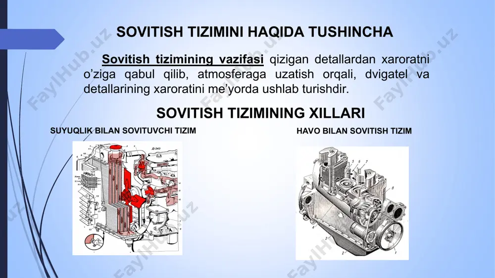 i muxitning har qanday xaroratida xam dvigatelning ishonchli ishlashini ta’minlanishi. chunki detallarning qizishini yo’qligi, nazorat moslamasining bo’lishligi shart emas. sovitish tizimiga issiq suvni qo’yish bilan tashqi muxitning manfiy xaroratida ham yurgizib yuborishning osonligi. sovitish tizimiga o’tgan issiqlik energiyasidan foydalanishning mumkinli. havo bilan sovitishning afzalligi dvigatelga texnik xizmat ko’rsatish va ta’mirlashning osonligi va arzonligi (suv nasosi, radiator va xar xil trubkalarni yo’qligi tufayli); yurgizishda dvigatelni qizdirishning tezligi tufayli yeyilishning kamligi; issiqlik rejimining yuqoriligi tufayli korroziyadan yeyilishning kamligi; tsilindrlarni doimiy xaroratining balandligi tufayli atrof muxitning xaroratini o’zgarishiga sezgirmasligi; sovitish tizimida sovituvchi suvni muzlashining xavotiri yo’qligi tufayli manfiy xaroratda ishonchli ishlashining yuqoriligi; dvigatelning konstruktiv og’irligining kamligi va radiatorning yo’qligi tufayli dvigatelning bo’ylama uzunligining ozligi. suyuqlik bilan sovutishning kamchiligi ekspluatatsiya davrida kanallar, trubalar germetikligini saqlashning qiyinligi; agar tizimda suvdan foydalanilsa, tashqi muxit xaroratini musbatdan manfiy qiymatga o’zgarib qolganda, dvigatelni ishonchli ishlashining pasayishi; sovitish tizimiga davriy ravishda xizmat ko’rsatishdagi mexnat sarfining ko’pligi; tsilindrlar blokida suv …