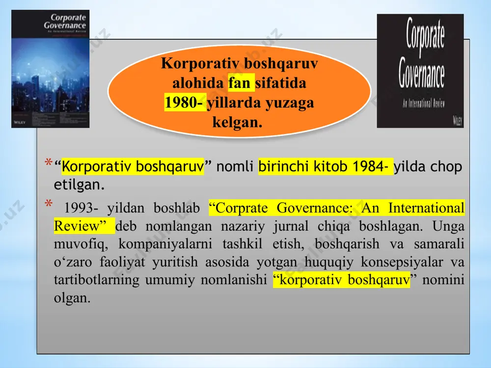hiliklar yuzaga keldi: bir qator kompaniyalar (polly peck, bcci, maxwell), aksiyadorlarni aldash bilan shug‘ullanganliklari korporativ boshqaruvning amaliyotda investorlarni himoyalashni takomillashtirish kerakligini ko‘rsatdi; 8-bosqich. 1992 -yil. kedberi qo‘mitasi birinchi marta korporativ boshqaruvning moliyaviy jihatlari bo‘yicha kodeksni nashr etdi. (buyuk britaniya). 1993 yildan boshlab buyuk britaniya fond birjasidagi listingga kirgan kompaniyalar kodeks qanday bajarilayotganligi haqida hisobot bera boshladi; london fond birjasi (inglizcha: london stock exchange) yevropadagi eng qadimgi fond birjalaridan biri va dunyodagi eng mashhur qimmatli qogʻozlar bozorlaridan biridir. london fond birjasining oʻzi aksiyadorlik jamiyati hisoblanib, uning aksiyalari shu yerning oʻzida sotiladi 9-bosqich. 1992 – 2003 yillarda korporativ boshqaruv bo‘yicha qator ma’ruzalar qabul qilindi, shundan asosiylari: angliyada rutmanning moliyaviy hisobot va ichki nazorat haqidagi ma’ruzasi; korporatsiyalar ishtirokchilarining har tomonlama hisobi haqidagi kinganing ma’ruzasi; angliyalik grinberining yuqori mansab shaxslarini rag‘batlantirish to‘g‘risidagi ma’ruzasi; angliyalik xempelaning korporativ boshqaruv to‘g‘risidagi ma’ruzasi; fransiyalik venoning korporativ boshqaruvning asosiy tamoyillari haqidagi ma’ruzasi; niderlandiyalik pitersning korporativ boshqaruvning umum qabul qilingan …