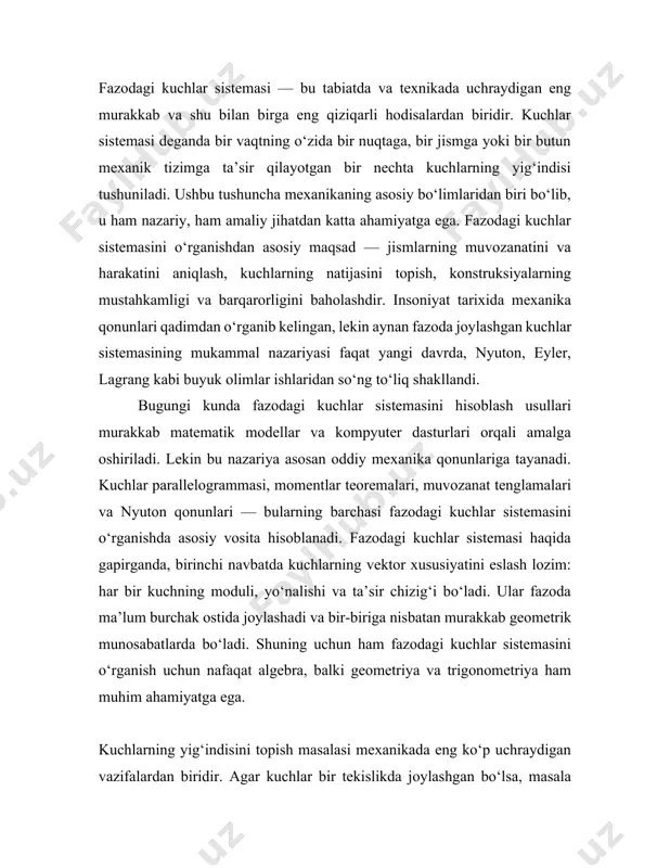 . natija kuchni topish uchun har bir kuchni koordinatalarga yoyib chiqish, ularning proyeksiyalarini qo‘shish va yana yig‘indi vektorni hosil qilish zarur. bu usul matematik jihatdan aniq va ishonchli natija beradi. shuningdek, muvozanat masalalarida kuchlarning yig‘indisi nolga teng bo‘lishi kerakligi qoidasidan foydalaniladi, bu esa turli konstruksiyalarning mustahkamligini tahlil qilishda asosiy mezon hisoblanadi. zamonaviy muhandislikda fazodagi kuchlar sistemasi nazariyasi keng qo‘llaniladi. masalan, ko‘priklar, osma inshootlar, samolyotlar, raketalar, robot manipulyatorlarining har bir bo‘g‘ini fazodagi kuchlar ta’sirida ishlaydi. har bir konstruktiv elementga ta’sir qilayotgan kuchlarni to‘g‘ri aniqlash, ularni hisobga olish va optimal shakl berish orqali energiyani tejash, xavfsizlikni oshirish va ekspluatatsiya muddatini uzaytirish mumkin. bu ayniqsa kosmik sanoat, aerokosmik muhandislik va yirik binokorlik loyihalarida muhimdir. kosmik apparatlar va sun’iy yo‘ldoshlar orbitalarga chiqarilganda ularga ta’sir etayotgan og‘irlik kuchi, markazdan qochma kuchlar, atmosfera qarshiligi va boshqa omillar sinchkovlik bilan hisobga olinadi. bu hisoblar fazodagi kuchlar sistemasi nazariyasisiz imkonsiz bo‘lar edi. shu bilan birga, fazodagi kuchlar sistemasi …