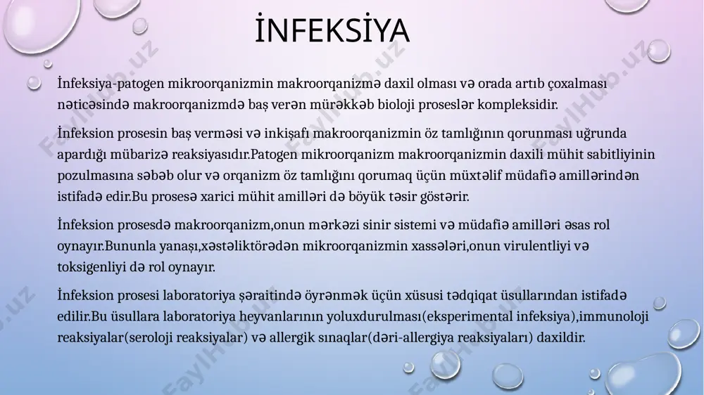 tbiq edilən immun zərdablar almaq üçün və başqa məqsədlərlə laboratoriya heyvanları yoluxdurulur. heyvanların yoluxdurulması ilə aparılan tədqiqatlar eksperimental,yaxud bioloji üsul,istifadə olunan heyvan isə eksperimental heyvan və ya laboratoriya heyvanı,onlar saxlanılan yer isə vivarium adlanır. laboratoriya heyvanlarının seçilməsi bioloji üsulla xəstəliklərə diaqnoz qoymaq üçün istifadə edilən heyvanlar müəyyən tələblərə cavab verməlidir: 1.heyvan öyrənilən mikroorqanizmə həssas olmalıdır.yəni mikrob bir heyvana vurulduqdan sonra sonra onun orqanizmində artıb-çoxala bilməli və orqanizm ona immun-bioloji reaksiyalarda cavab verməlidir.əgər heyvan qeyri-həssas olarsa,onda onun orqanizminə yeridilən mikrob tez bir zamanda məhv olar və bu da təcrübənin mənfi olmasına səbəb olar. 2. heyvanlar mümkün qədər kiçik olmalıdır.onda onlarla işləmək, daşımaq va s. nisbətən asan olur. 3. heyvanlar tez artıb-çoxalmaq qabiliyyətinə malik olmalıdır.çünki böyük laboratoriyalarda çoxlu miqdarda heyvanlardan istifadə olunur. əgar vivarium şəraitində onlar tez artıb çoxalarsa,laboratoriyanın heyvana olan ehtiyacı asanlıqla ödənilər. 4.heyvan mümkün qədər ucuz olmalıdır. heyvanlar bahalı olduqda bəzi laboratoriyaların bunları almağa iqtisadi imkanları olmur. 5. heyvan az …
