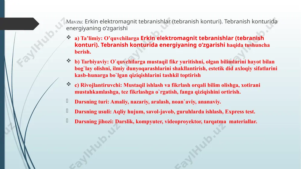 akdagi tok kuchi qanday (a) bo'lishi kerak? yangi mavzu oddiy elektromagnit tebranishlarni kondensator va induktiv g‘altakdan iborat bo‘lgan elektr zanjirida hosil qilish mumkin. kondensator, induktiv g‘altak, o‘zgarmas tok manbayi va uzib-ulagichdan iborat elektr zanjirini tuzaylik (3.1-rasm). bunda soddalashtirish uchun zanjirning elektr qarshiligini hisobga olmaymiz. uzib-ulagich chap tomonga ulanganda с kondensator qoplamalari batareyadan zaryadlanib oladi. bunda kondensator qoplamalari orasida energiyasi maksimal bo‘lgan elektr maydon hosil bo‘ladi. so‘ngra uzib-ulagichni o‘ng tomonga ulaymiz, bu holda zaryadlangan kondensator l g‘altak bilan ulanadi. keyingi boradigan jarayonni batafsilroq qaraylik (3.2-rasm). kondensatorning yuqorigi qoplamasi musbat, pastki qoplamasi manfiy ishorada zaryadlangan bo‘lganligidan tok manbayi bo‘lib qoladi (1-holat). natijada kondensatorning musbat qoplamasidan, induktiv g‘altak orqali manfiy qoplamasiga tomon zaryadlar ko‘chishi, ya’ni tok vujudga keladi. bu tok atrofda magnit maydon hosil bo‘ladi. bu tok, g‘altakning induktivligi tufayli asta-sekin ortib, o‘zining maksimal qiymatiga erishadi (rasmdagi grafkni qarang). g‘altakdan o‘tayotgan tok atrofda hosil bo‘lgan magnit maydon ham o‘suvchi bo‘ladi (2-holat). bu holda …