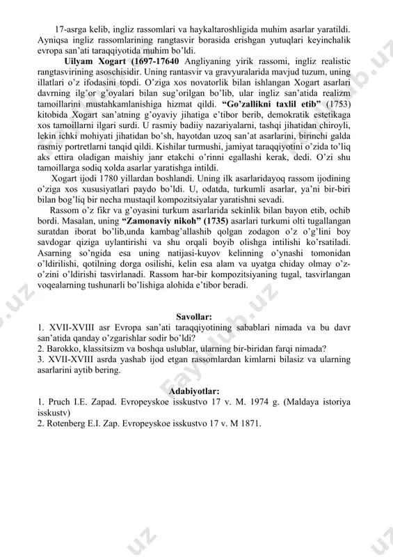 shlagan ishni keyin mashxur me’mor kristofer ren (1632-1723) davom ettirdi. u mumtoz shakllarga milliy, o’ziga xoslik kiritishga harakat qildi. uning mashhur va yirik asarlaridan biri londondagi ulug’vor va tantanali avliyo pavel ibodatxonasi binosidir. uning intererlari, kompozitsiyasi o’rta asr me’morligiga yaqin. u lotin butiga o’xshaydi. lekin bino konstruktsiyasi va ayniqsa, undagi orderlar, katta gumbaz ishlanishi jihatidan mumtoz me’morlik tamoyillarini eslatadi va ingliz klassizimining o’ziga xos xususiyatlarini namoyon qiladi. 17-asrga kelib, ingliz rassomlari va haykaltaroshligida muhim asarlar yaratildi. ayniqsa ingliz rassomlarining rangtasvir borasida erishgan yutuqlari keyinchalik evropa san’ati taraqqiyotida muhim bo’ldi. uilyam xogart (1697-17640 angliyaning yirik rassomi, ingliz realistic rangtasvirining asoschisidir. uning rantasvir va gravyuralarida mavjud tuzum, uning illatlari o’z ifodasini topdi. o’ziga xos novatorlik bilan ishlangan xogart asarlari davrning ilg’or g’oyalari bilan sug’orilgan bo’lib, ular ingliz san’atida realizm tamoillarini mustahkamlanishiga hizmat qildi. “go’zallikni taxlil etib” (1753) kitobida xogart san’atning g’oyaviy jihatiga e’tibor berib, demokratik estetikaga xos tamoillarni ilgari surdi. u rasmiy …