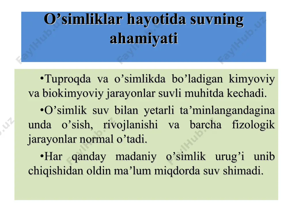 tuproq gʼovakliklaridagi bugʼ tuproq haroratini oʼzgarib turishi natijasida tomchi holatiga oʼtishi va oʼsimlikning ildizi orqali oʼzlashtirilishi mumkin. gigroskopik suv-tuproq zarralari yuzasiga singdirilgan namlikdir. parda suv-tuproq zarrachalarining sirtidan yupqa parda singari oʼrab olgan boʼladi. tuproqdagi suv shakllari: 1 – tuproq zarrachalari; 2 – gravitasion suv; 3 – gigroskopik suv; 4 – tuproq havosi suv bug’lari bilan; 5 – pardasimon suv; 6, 7, 8 – kapillyar suv; 9 – sizot suvlari balandligi; 10 – sizot suvlar