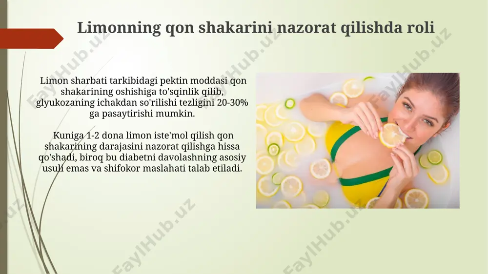 tlaydi. limon va teri salomatligi limon sharbati tarkibidagi yuqori konsentratsiyada mavjud bo'lgan s vitamini terining kollagen ishlab chiqarishini 35% ga oshirib, uning elastikligini va yoshlik ko'rinishini saqlashga yordam beradi. limon sharbati tarkibidagi kislotalar teridagi o'lik hujayralarni tozalab, porloq va silliq teri hosil qilishga yordam beradi, shu bilan birga terining ph balansiga ijobiy ta'sir ko'rsatadi. limon va og'iz bo'shlig'i gigienasi limon sharbati og'iz bo'shlig'idagi 90% dan ortiq bakteriyalarni yo'q qilishga yordam beradi, shu jumladan, gingivit va stomatitning oldini olishga hissa qo'shadi. kuniga ikki marta limonli suv bilan og'izni chayish tishlardagi blyashkani 20% gacha kamaytiradi va tishlarni oqartirishga yordam beradi. limonning kimyoviy tarkibi limon peelining tarkibida limonen kabi efir moylari mavjud bo'lib, ularning miqdori taxminan 2-3% ni tashkil etadi va antiseptik, yallig'lanishga qarshi xususiyatlarga ega. limon tarkibida c vitamini (ascorbic acid) yuqori miqdorda – taxminan 50 mg/100g bo'lib, bu kuchli antioksidant hisoblanadi va immunitetni mustahkamlaydi. limonning immunitet tizimiga ta'siri limon sharbati tarkibidagi …