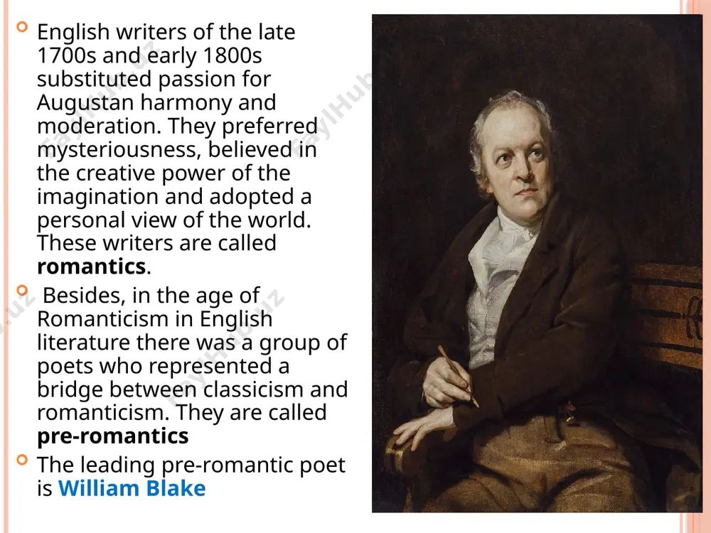 the book contained lyrical, humorous and satirical poems written in his earlier years. some of his greatest satires such as “address to the unco’ guid”, “holy willie’s prayer” and “the jolly beggars” in 1796 he died in poverty at 37. william blake william blake (28 november 1757 ) was an english poet, artist, and mystic, who followed no style but his own. his family was poor, and blake had no opportunity to receive education as a child. when he was ten, his father was able to send him to a drawing school, and at fourteen he was apprenticed to an engraver. in 1789 he published a volume of lyrical poems called “songs of innocence”. it was followed by a companion volume “songs of experience’. the two works contrast with each other: one deals with good, passivity, and reason; the other, with evil, violence, and emotion. as a child he was …