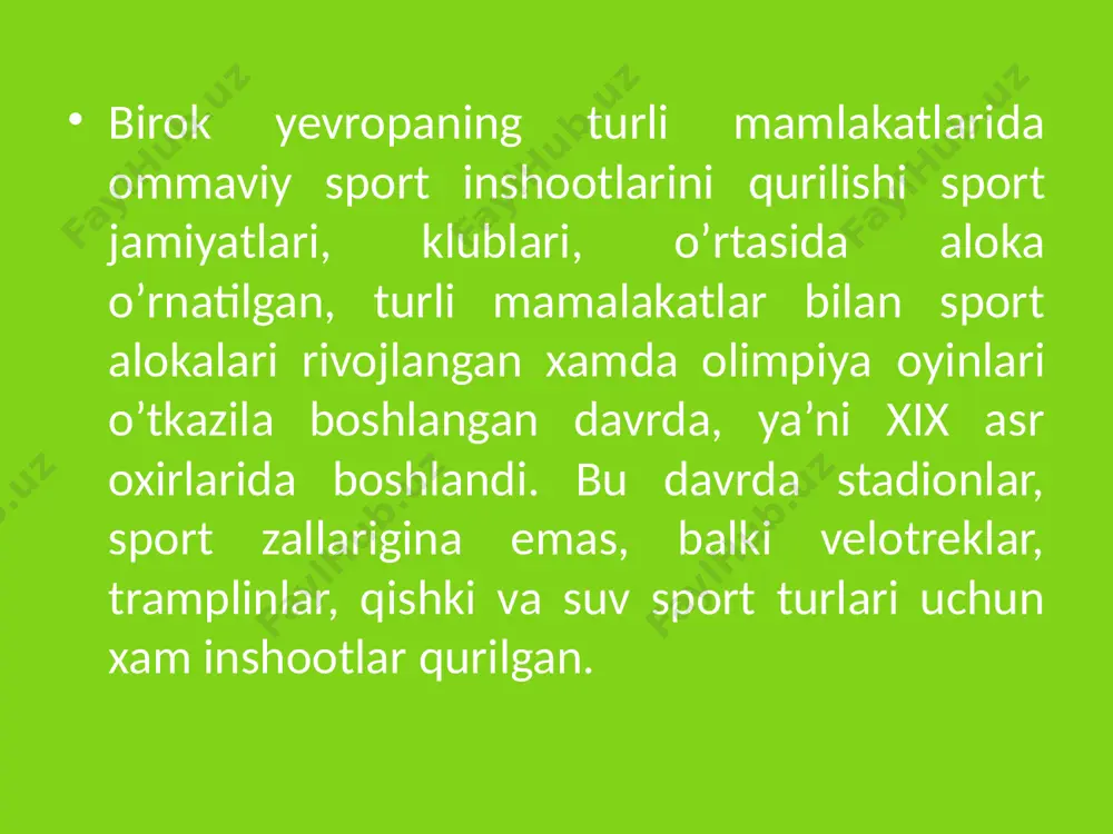 oqulay bo’lganligi sababli, keyinchalik qayta ta’mirlangan. vii olimpiada o’yinlari (1920 yil) belgiyaning antverpen shaxrida bo’lgan. antverpen stadionining uzun yoy shaklidagi tribunalari o’ziga 60000 tomoshabinni sig’dirgan (5-rasm). tribunaning garbiy qismida tomoshabinni yomgirdan ximoya qiluvchi moslama bo’lgan. antverpen stadioni, belgiya viii olimpiada o’yinlari (1924 yil) fransiyaning parij shaxrida bo’lgan. olimpiada uchun "kolomb" stadioni qurilgan. stadionda 450 metrli yugurish yo’lagi bo’lib, bu sportchilar uchun noqulay bo’lgan. shu sababli boshqa foydalanilmagan. "kolomb" stadioni yirik sport kompleksi bo’lib, unda asosiy sport maydoni, suzish xavzasi, tennis korti, xar xil mashq qilish va yordamchi sport inshootlari bo’lgan. ix olimpiada o’yinlari (1928 yil) gollandiyaning amsterdam shaxrida bo’lgan. amsterdam stadionida asosiy bosh arenadan tapshqari futbol maydoni va 7000 o’rinli tennis korti, 50x18 metrli suzish xavzasi va xar xil sport bilan shug’ullanish uchun maydonchalar bo’lgan. asosiy sport maydoni yonida kurash, gimnastika, qilichbozlik va boks uchun sport zallari joylashgan. stadion xududida yengil avtomashinalar va velosipedlar uchun turish joyi xam bo’lgan. asosiy …