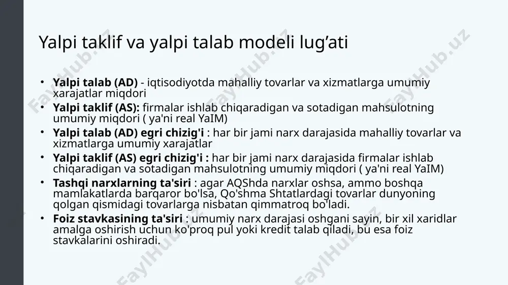 qi va narxlar to'liq moslashuvchan bo'ladi. natijada, barcha resurslar to'liq band bo'ladi va real yaim narxlar darajasidan qat'i nazar, teng potentsialga ega bo'ladi. uzoq muddatda real yaim narxlar darajasidan va uzoq muddatli yalpi taklifdan (lras) mustaqil bo'ladi. egri chiziq yaimning potentsial (yoki to'liq bandlik darajasi)dagi vertikal chiziq bo'ladi. buni grafikda potentsial yaim (rasmdagi kabi) yoki lras sifatida ko'rish mumkin. yalpi talab va yalpi taklif modelini yaratish. muallif : openstax kolleji. manzil : http://cnx.org/contents/https://cnx.org/contents/vemoh-_p@4.44:7tt98uax@4/building-a-model-of-aggregate--098e-4b3c-a1d9- 7eb593a2cb31@10.49:2/makroiqtisodiyot . litsenziya : cc by: attribution . litsenziya shartlari : http://cnx.org/contents/bc498e1f-efe9-43a0-8dea-d3569ad09a82@4.44 manzilidan bepul yuklab oling 6 yalpi talab egri chizig'i yalpi taklif egri chizig'i singari, gorizontal o'q real yaimni, vertikal o'q esa narx darajasini ko'rsatadi. ad egri chizig'i chapdan o'ngga pastga egiladi, ya'ni yalpi narxlar darajasining pasayishi mahalliy tovarlar va xizmatlarga umumiy xarajatlar miqdorining oshishiga olib keladi. ad egri chizig'i mikroiqtisodiy talab egri chizig'iga o'xshasa ham, u xuddi shunday ishlamaydi yalpi talab va yalpi taklif modelini …