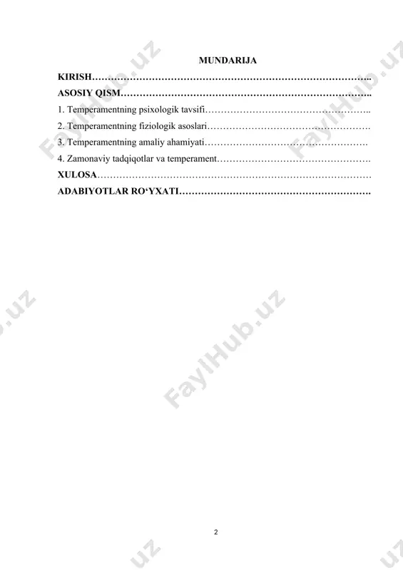 flarini aniqlash. 7. har bir temperament turining asosiy xususiyatlarini batafsil tahlil qilish. 8. temperamentning fiziologik asoslarini tadqiq qilish 9. temperamentning nerv sistemasi bilan bog‘liqligini tushuntirish. 10. genetik va biologik omillar ta’sirini tahlil qilish. 11. miya faoliyati va temperament o‘rtasidagi bog‘liqlikni ko‘rsatish. kurs ishining obyekti. inson temperamentining psixologik va fiziologik jihatlari. ushbu ishda temperament insonning shaxsiy xususiyatlari va nerv sistemasining dinamik xususiyatlari bilan bog‘liq holda o‘rganiladi. kurs ishining predmeti – inson temperamentining shaxs xulq-atvoriga, hissiy jarayonlariga va faoliyatdagi namoyon bo‘lishiga ta’sir etuvchi psixologik va fiziologik omillar. 1. predmetning tavsifi: 2. temperamentning insonning xulq-atvori va hissiy barqarorligiga ta’siri. 3. temperament turlarining shaxsning individual rivojlanishidagi o‘rni. 4. nerv sistemasining fiziologik xususiyatlari va ularning temperament bilan bog‘liqligi. 5. temperamentning turli sohalardagi (ta’lim, tarbiya, kasb tanlash, jamoaviy munosabatlar) amaliy ahamiyati. 6. temperamentni o‘rganish usullari (psixodiagnostika testlari va metodikalari). kurs ishining metodologik asosi. temperamentni o‘rganish bilan bog‘liq ilmiy nazariyalar, usullar va yondashuvlardan iborat. ushbu ishda temperamentning …
