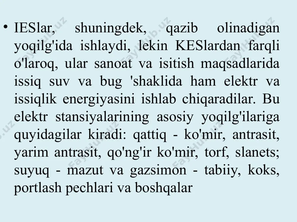 ga ulangan bug 'turbinasining rotorini harakatga keltiradi. bunday ieslarda yoqilgʻi sifatida koʻmir (asosan), mazut, tabiiy gaz, qoʻngʻir koʻmir, torf, slanets ishlatiladi. 1.2. атомные электростанции atom elektr stantsiyasi (aes) - atom (yadro) energiyasi elektr energiyasiga aylantiriladigan elektr stantsiyasi. atom elektr stansiyasidagi energiya generatori yadro reaktoridir. ba'zi og'ir elementlar yadrolarining bo'linishi zanjirli reaktsiyasi natijasida reaktorda ajralib chiqadigan issiqlik, xuddi an'anaviy issiqlik elektr stansiyalarida (ies) bo'lgani kabi, elektr energiyasiga aylanadi. qazib olinadigan yoqilg'ida ishlaydigan issiqlik elektr stantsiyalaridan farqli o'laroq, atom elektr stantsiyalari yadro yoqilg'isida ishlaydi (asosan 233u, 235u, 239pu). 1 g uran yoki plutoniy izotoplarining boʻlinishi natijasida 22500 kvt/soat quvvat chiqariladi, bu 2800 kg shartli yoqilgʻi tarkibidagi energiyaga teng. 1.2. atom elektr stansiyalari 1.2. атомные электростанции reaktor yadrosida chiqarilgan issiqlik 1-konturning suvi (sovutish suvi) bilan chiqariladi, u reaktor orqali asosiy sirkulyatsiya pompasi orqali pompalanadi. reaktordan isitiladigan suv issiqlik almashtirgichga (bug 'generatoriga) kiradi, u erda reaktorda olingan issiqlikni 2-konturning suviga o'tkazadi. 2-konturdagi suv bug …
