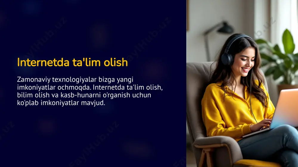 ular elektron darsliklar, videodarslar, testlar, o'quv qo'llanmalari va boshqa resurslarni taqdim etadilar. mutaxassislar bilan bog'lanish ba'zi portallar mutaxassislar bilan onlayn maslahatlashish imkoniyatini taklif qilishi mumkin. 14 masofaviy ta'lim platformalari bu platformalar o'quvchilarga elektron darsliklar, videodarslar va o'quv materiallariga onlayn kirish imkonini beradi. o'qituvchilar bilan muloqot qilish va boshqa o'quvchilar bilan hamkorlik qilish uchun imkoniyatlar mavjud. masofaviy ta'lim platformalari o'qituvchilarga o'quvchilarning yutuqlarini kuzatib borish va dars jadvalini boshqarishga imkon beradi. 15 videodarslar 1 o'quv materiali videodarslar - bu muhim mavzularni tushuntirish uchun foydali vosita. 2 o'rganish usuli video shaklida taqdim etilgan ma'lumotlarni qabul qilish osonroq. 3 interaktivlik videodarslarga o'quvchilarning o'zini-o'zi tekshirish uchun testlar va mashqlar kiritilishi mumkin. 16 elektron darsliklar elektron darsliklar - bu an'anaviy qog'oz darsliklarning raqamli versiyalari bo'lib, ularni kompyuter, planshet yoki smartfon orqali o'qish mumkin. interaktiv tarkib elektron darsliklar interaktiv elementlar, masalan, videolar, audio yozuvlar, testlar va boshqalarni o'z ichiga olishi mumkin. qo'shimcha ma'lumotlar ular qo'shimcha ma'lumotlarga, masalan, …