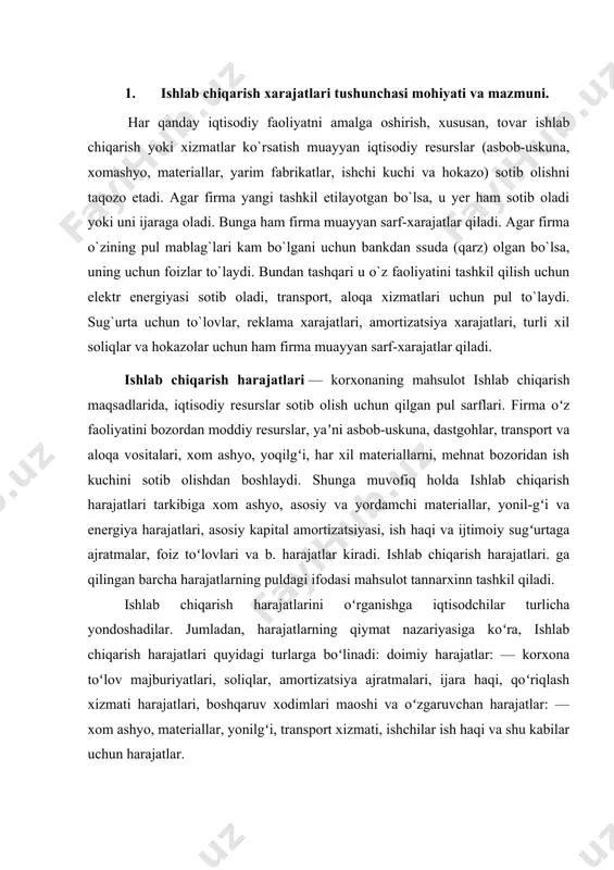 mln. so`mlik mahsulot ishlab chiqardi va sotdi deylik. bu holda uning foydasi 3 mln. so`mni tashkil etadi. ko`rinib turibdiki, mahsulot birligiga sarflanadigan xarajatlarni kamaytirish ikki yo`l bilan hal etilishi mumkin: -muayyan miqdordagi mahsulotni ishlab chiqarish uchun sarflanayotgan xarajatlarni kamaytirish; -muayyan miqdordagi sarf-xarajatlar bilan ko`proq mahsulot ishlab chiqarish. mahsulot ishlab chiqarish uchun sarf bo`ladigan xarajatlarni bevosita va bilvosita turlarga ajratish mumkin. bevosita xarajatlar ayrim mahsulotni ishlab chiqarish bilan bog`liq bo`lgan xarajatlar bo`lib, ular shu mahsulot tannarxiga to`g`ridan-to`g`ri kiritiladi. xomashyo va asosiy materiallar, yoqilg`i, elektr energiyasi, boshqa korxonalardan sotib olinadigan yarim fabrikatlar, ishchilarning ish haqi va shunga o`xshash xarajatlar bevosita xarajatlarni tashkil etadi. bilvosita xarajatlar deb ishlab chiqarishni tayyorlash va o`zlashtirish, dastgohlarni saqlash va ekspluatatsiya qilish, tsex, umumkorxona va ishlab chiqarishdan tashqaridagi xarajatlarga aytiladi. ishlab chiqarishni tayyorlash va o`zlashtirish xarajatlariga quyidagilar kiradi: -yangi ishga tushirilgan korxonalarni o`zlashtirish va foydasini ta`minlash bilan bog`liq xarajatlar; -yangi turdagi mahsulot, ilg`or texnologik jarayonlarni tayyorlash va o`zlashtirish …