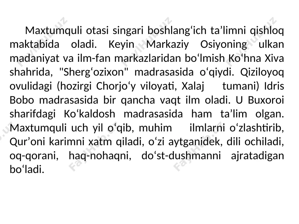aydigan narsalarni gapirishlarini ko‘rmadingizmi?". * haq yo‘lidagi haqiqiy iymon sohiblari uchun she’riyat ezgulik, go‘zallik, poklik va halollik, taqvo va sadoqat, fayzi ilohiy samarasidir. chunki hadisi sharifda aytilganidek, "hikmatning boshi allohdan qo‘rquvdir" va yana: "she’rda, albatta, hikmat bor". hikmat esa allohning xos ikromidir. chunonchi, qur’oni karimning baqara surasi, -oyatida alloh taolo: "u (alloh) o’zi xohlagan kishilarga hikmat ato etur. kimgaki hikmat berilgan bo‘lsa, bas, muhaqqaq, unga ko‘p yaxshilik berilibdi" deb marhamat qiladi. hikmat – sog‘lom aqlga, sog‘lom qalbga, iymon-e’tiqod va ilmu irfonga muvofiq so‘z, barcha diniy va dunyoviy narsalarning haqqoniy hukmlaridir. maxtumquli, shubhasiz, ana shunday sohibi hikmat zotlardandir. maxtumqulining butun ma’rifati, islomiy muhabbati, ishqi, shavqi, qayg‘usi she’rlarida aks etadi. she’riyat shoir qalbining ko‘zgusidir. maxtumquli she’riyati bani basharga qilingan otashin va ma’rifiy xitoblardan iborat. maxtumquli she’riyati qur’oni karim va hadisi shariflar ma’nolarining she’riy sharhidan iborat. maxtumquli she’riyatining bosh yo‘nalishi: iymon-e’tiqod, o‘lim va hayot, qiyomatning haqligi, dunyoning foniyligi va oxiratning boqiyligi, ogohlik bilan …