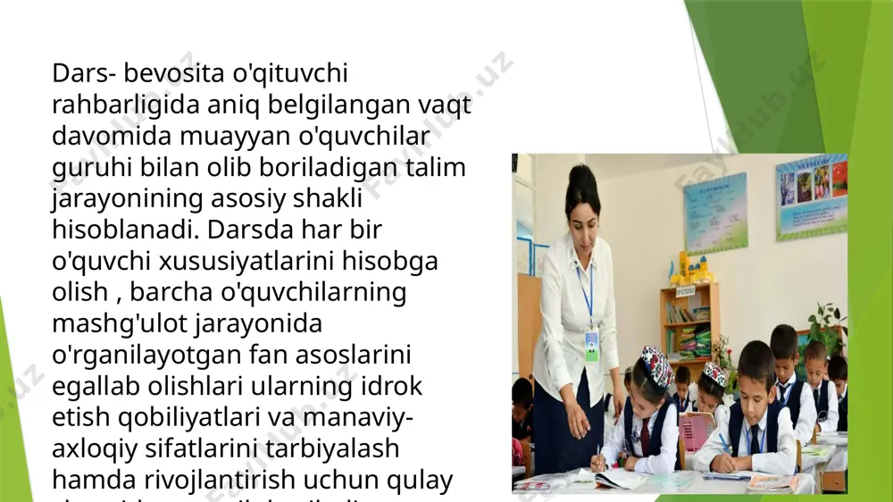 ro uzvuy va dialektik xususiyatga ega bo'lishiga erishish . 9 darslarni demokratik tamoyillar asosida tashkil etish . 8 darsda ta'lim oluvchilarni o'qitish va tarbiyalash uchun qulay shar-sharoit yaratish. ta'limni tashkil etishning yordamchi shakllari: darslarda pedagogning o'quvchilar tomonidan uy vazifalarining halol bajarilishiga kam e'tibor berayotganliklari, ularni sinfda tekshirishga urinmasliklari, yaxshi o'zlashtirayotgan o'quvchilarni rag'batlantirib bormasliklari ta'lim amaliyotida keng tarqalgan kamchilikm hisoblanadi. uy vazifalarini tushuntirib berishga ko'pincha vaqt yetmaydi, ular shoshilinch beriladi. pedagoglar kamdan-kam hollarda o'quvchilar uy vazialarini bajarayotganda duch keladigan qiyinchiliklarini ko'rsatib beradilar, ularni bartaraf etish yo'lini esa ko'rsatmaydilar. natijada mustaqil uy vazifalarining bajarilishi samarasiz bo'lib qoldi. ta'lim jarayonida, shuningdek, darsning quyidagi yordamchi turlaridan ham foydalaniladi: fan to'garaklari yo'nalishi, mazmuni, ish metodi, o'qish vaqti va boshqa jihatlari bilan ajralib turadi. ular o'quvhilarning qiziqish va qobiliyatlarini rivojlantirish, o'qishga ijobiy munosabatlar shakllantirishga yordam beradi. to'garaklar o'qishni hayot bilan aloqasini kuchaytiradi, fanlararo bog'liqlikni rivojlantiradi fan to'garaklarida o'quvchilarning ishlari o'quv jarayonini faollashtiradi, o'qish sifatini oshirishga yordam …
