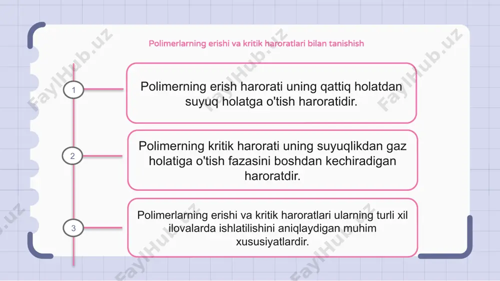z ichiga oladi. ushbu haroratlarni to'g'ri o'lchash orqali tadqiqotchilar polimerlarning termal xususiyatlarini va harakatlarini aniqlashlari va ularni qo'llash bo'yicha asosli qarorlar qabul qilishlari mumkin. polimerlarni qayta ishlashda erish va kritik haroratlarning ahamiyati polimerlarning erishi va kritik haroratlari polimerlarni qayta ishlashda hal qiluvchi omillardir. bu haroratlar qayta ishlash jarayonida polimerning fizik xossalari va harakatini aniqlaydi. erish harorati - bu polimerning qattiq holatdan suyuq holatga o'tish harorati. bu muhim ahamiyatga ega, chunki u polimer materialining oqishi va qoliplanishiga ta'sir qiladi. boshqa tomondan, kritik harorat polimerning bir holatdan ikkinchisiga fazali o'tishini boshdan kechiradigan haroratdir. polimerni qayta ishlash shartlari va yakuniy xususiyatlarini aniqlashda muhim rol o'ynaydi. 1 2 3 molekulyar tuzilishning erish va kritik haroratga ta'siri polimerlarning erishi va kritik haroratlariga ularning molekulyar tuzilishi ta'sir qiladi. erish harorati - qattiq polimerning suyuq holatga o'tish harorati. kritik harorat polimer mo'rt bo'lib, mexanik xususiyatlarini yo'qotadigan haroratdir. polimer kristalligi va uning erish va kritik haroratlar bilan aloqasi …