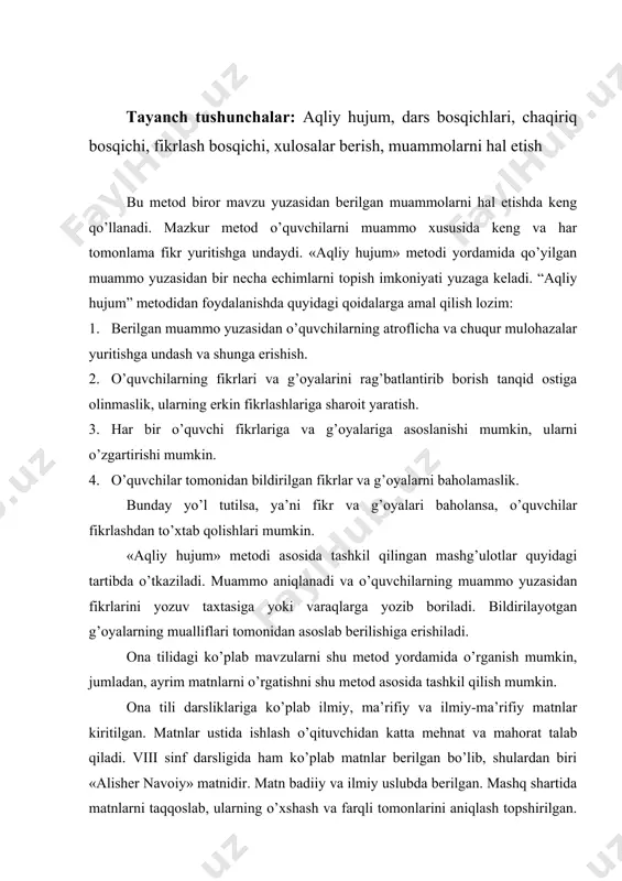 miy uslubda berilgan. mashq shartida matnlarni taqqoslab, ularning o’xshash va farqli tomonlarini aniqlash topshirilgan. mazkur matnni «aqliy hujum» metodi yordamida o’rganish ko’zlangan maqsadga erishish imkoniyatini yaratadi. bu metod asosida matn bilan ishlash bir necha bosqichda olib boriladi. 1-bosqich. o’quvchilarni mavzuni tushunishga tayyorlash. o’tgan mashg’ulotlarda berilgan nugq uslublariga oid ma’lumotlar esga olinadi va takrorlanadi, har bir nutq uslubining o’ziga xos xususiyatlari yodga olinadi. chunki matnlarni taqqoslash uchun o’quvchilarda nutq uslublariga oid ma’lumotlar etarli bo’lishi kerak. nutq uslublariga oid bitimlar yodga olingandan so’ng har ikki matn o’quqchilar tomonidan mustaqil o’qib chiqiladi. o’quvchilar matn mazmunini tushunishga harakat kiladilar. 2-bosqich. berilgan matnlarning o’xshash tomonilarini aniqlash. buning uchun o’qituvchi o’quvchilarga quyidagi savolni beradi: har ikki matn qaysi jihatdan bir-biriga o’xshaydi? o’quvchilar mazkur savolga shunday javob beradilar: · har ikki matn ham alisher navoiy haqida; · matnlarning mazmuni bir xil; · har ikki matnda ham navoiy ijodi haqida fikr bildirilgan; · har ikkala matnda ham shoirning …
