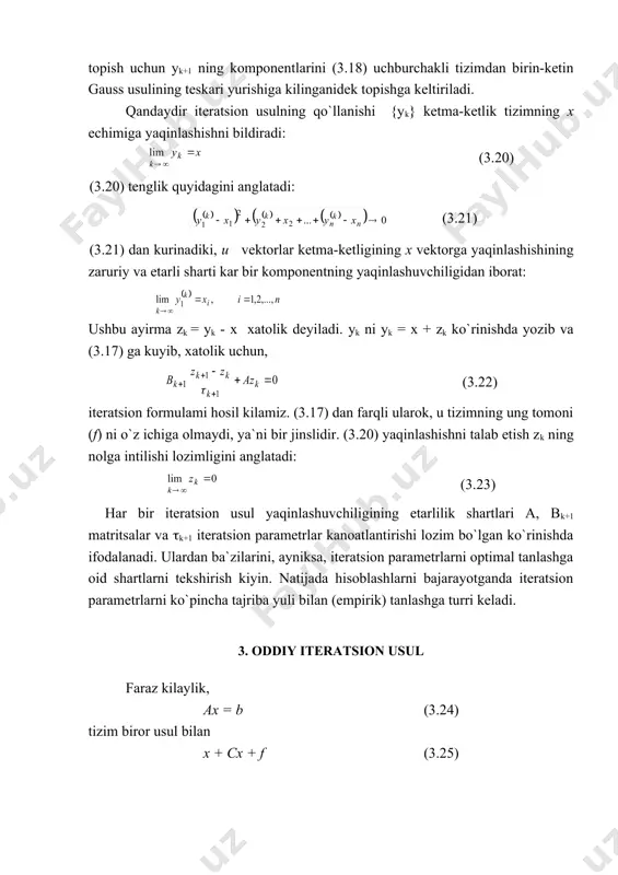 rtlartlarni kanoatlantirganda urinli bo`ladi. ikkinchi usul. bu usulni quyidagi misol orqali namoyish kilamiz. umuman olganda, har qanday keltirilmagan matritsali tizim uchun yaqinlashuvchi iteratsion usullar mavjud, ammo ularning barchasi kisoblash uchun qulay emas. agarda iteratsiya usuli yaqinlashuvchi bo`lsa, u xolda bu usul yuko-rida kurilgan usullardan quyidagi afzalliklarga ega bo`ladi: 1. iteratsion jarayon tezrok yaqinlashsa, ya`ni tizimning echimini aniqlash uchun p dan kamrok iteratsiya talab kilinsa, u xolda vaktdan yutiladi, chunki arifmetik emallar soni p2 ga mutanosib (proportsional) (gauss usuli uchun esa bu son p3 ga mutanosib). 2. yaxlitlash xatoliklari iteratsiya usulida natijaga kamrok ta`-sir etadi. bundan tashqari iteratsiya usuli o`z xatoligini to`g’rilab boruvchi usuldir. 3. iteratsiya usuli tizimning muayyan koeffitsientlari nolga teng bo`lgan kolda juda ham qulaylashadi. bunday tizimlar xususiy hosilali differentsial tenglamalarni echganda ko`prok uchraydi. 4. iteratsiya jarayonida bir xil turdagi amallar bajariladi, bu esa ex.m uchun programmalashtirishni osonlashtiradi. 1- misol. quyidagi tizim oddiy iteratsiya usuli bilan echilsin: echish. birinchi …