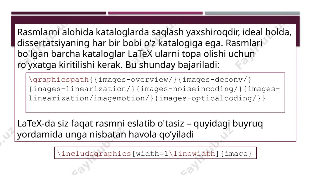 rnatamiz: ikkita rasm uchun 0,48, uchtasi uchun 0,31 va hokazo. \begin{figure}[h] \begin{minipage}[h]{0.47\linewidth} \center{\includegraphics[width=1\linewidth]{image}} a) \\ \end{minipage} \hfill \begin{minipage}[h]{0.47\linewidth} \center{\includegraphics[width=1\linewidth]{image}} \\b) \end{minipage} \vfill \begin{minipage}[h]{0.47\linewidth} \center{\includegraphics[width=1\linewidth]{image}} c) \\ \end{minipage} \hfill \begin{minipage}[h]{0.47\linewidth} \center{\includegraphics[width=1\linewidth]{image}} d) \\ \end{minipage} \caption{correlation signal peaks: a) numerical experiment, b) registered correlation signals, c) intensity distribution of correlation signals in numerical experiment, d) correlation signals intensity distribution for dcraw processed data.} \label{ris:experimentalcorrelationsignals} \end{figure} turli sarlavhalarga ega ikkita rasm \begin{figure}[h] \begin{center} \begin{minipage}[h]{0.4\linewidth} \includegraphics[width=1\linewidth]{image} \caption{исходное изображение.} %% подпись к рисунку \label{ris:experimoriginal} %% метка рисунка для ссылки на него \end{minipage} \hfill \begin{minipage}[h]{0.4\linewidth} \includegraphics[width=1\linewidth] {image} \caption{закодированное изображение.} \label{ris:experimcoded} \end{minipage} \end{center} \end{figure} bu muhim alohida holat, chunki ko'pincha ikkita chizma uchun bitta sarlavha qo'yish qiyin, shuning uchun ularni ikkita alohida, lekin ketma-ket chizmaga ajratish yaxshiroqdir. buning uchun minipagedan foydalanamiz. o’z havolalariga ega uchta rasm oldingi ishning sarlavhasidagi o'zgarish, lekin subfigure orqali. bunday holda, foydalanuvchi alohida havolalar bilan kichik raqamlarga murojaat qilishi mumkin. \ref{fig:actuatorscouplingsheme_decoupledcase} “fig 2(a)” …