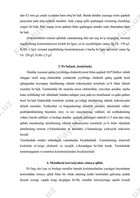 lish bilan bir vktda ularning tashki kurinishini galvaniq usulda bezash xozirgi vaqtda keng tarqalgan bо‘lib, metallar korroziyasiga qarshi kurash sistemasida birinchi о‘rinlardan birini egallaydi. galvanik qoplamlar ximoya qoplamlari bilan ximoya bezak qoplamlariga bо‘linadi. ximoya qoplamlari detallarning yuzasiga metalni korroziyadan ximoya qilish uchungina beriladi. ximoya-bezak qoplamlari esa metalni ximoya qilishdan tashqari buyum sirtini bezash uchun ham beriladi. ximoya-bezak qoplamlari bir qatlamli va kо‘p qatlamli bо‘lishi mumkin. kо‘p qatlamli qoplamdan galvanik usulda qoplangan metallardagi g‘ovaklikning zararli ta’sirini kamaytirish maqsadida foydalaniladi. kо‘p qatlamli qoplamlardan avtomobil detallarini gildiraklarning qalpoqlari, buferlar va boshqa detallarni korroziyadan saqlash uchun keng kо‘lamda foydalaniladi. nikellash. nikel-sarg‘ishroq tovlanadigan, kumushrang tusli, qattiq va bolg‘alanuvchan metall. u yaxshi pardozlanadi va atmosfera ta’siriga juda yaxshi chidaydi. nikelga ishqorlar ta’sir etmaydi. havoda turgan nikel shaffof passiv parda bilan qoplanib qoladi. shu tufayli uning yaltiroqligi о‘zoq vaqt saklanadi. biroq bu yaltiroqlik nam va gazlar ta’sir etishi bilan xiralashadi, detallarga nikel qoplashda ishlatiladigan elektrolitning asosiy tarkibiy …