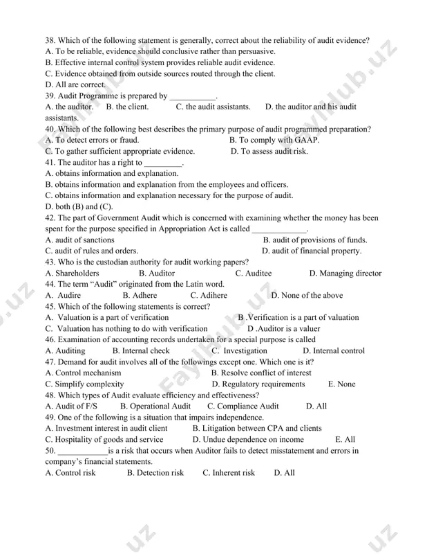 ales. c. the restatement of sales. d. omission of a sales transaction from being recorded. 33. balance sheet audit included verification of ________. a. assets. b. liabilities. c. income and expenditure accounts where appropriate. d. all of the above. 34. which of the following statements is not true about the continuous audit? a. it is conducted at regular interval. b. it may be carried out on daily basis. c. it is needed when the organization has a good internal control system. d. it is expensive. 35. in determining the level of materiality for an audit what should not be considered? a. prior year’s errors. b. the auditor remuneration. c. adjusted interim financial statement. d. prior year financial statements. 36. analytical procedures issued in the planning stage of an audit, generally ___________. a. helps to determine the nature, timing and extent of other audit procedures. b. directs attention to potential risk …