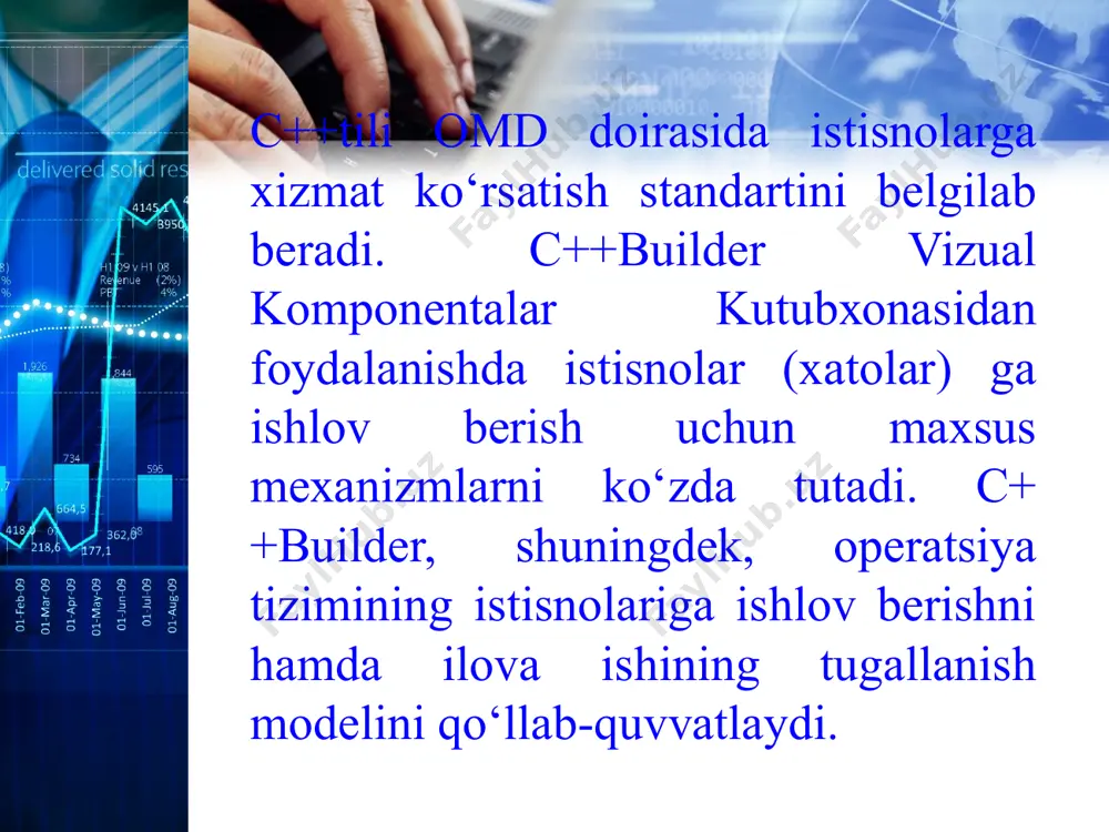 ilingаn stаndаrt mеtоdikаsigа аmаl qilish — ishоnchli ilоvаlаrni qurishning kаfоlаtlаridаn biridir. quyida ko’rib o’tilgan misolda dastur, catch operatordan foydalanib, qanday istisno holat ro’y berganini va ularga tegishli holda javob berishini imkonini beradi. istisno holatga tegishli shunday ma’lumotni saqlash uchun dastur istisno holat sinfiga ma’lumotlar elementlarini qo’shish lozim. agar keyinchalik dastur istisno holatni yuzaga keltirsa, u ushbu ma’lumotni, quyida ko’rsatilgandek, istisno holatiga ishlov beruvchi funksiyaga o’zgaruvchi sifatida uzatadi. misol: #include using namespace std; const int maxsize = 100; class sstring { char p[maxsize]; int size; public: class range { int index; public: range(int i) : index(i){}; int get_index(){return index;} }; class size {}; sstring(int sz); char& operator[](int i); }; sstring::sstring (int sz) { if (sz using namespace std; class win { int n; public: win(int k) {n = k;}; int get_number(){return n;} }; class error { int n; int k; public: error(int k1,int k2) {n = k1;k = k2;}; int get_number(){return …