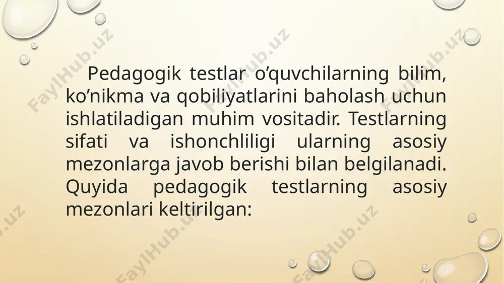 jumladan: qaysi domenni va konstruktlarni o’lchamoqchimiz? bu domen va konstruktlar o‘z ichiga nimalami oladi? test natijalari qanday maqsadda ishlatiladi? ishlatmoqchi bo‘lgan test topshiriqlarimiz aynan biz o‘lchamoqchi bo‘lgan domenni va konstruktlami o‘lchaydi deyishimiz uchun qanday ilmiy dalillar mavjud? test, odatda, biror-bir qaror qabul qilish uchun ishlatiladi, ya’ni test natijalari asosida ta’lim oluvchilar (o‘quvchilar, talabalar), ta’lim beruvchilar (o‘qituvchilar, ta’lim muassasasi), hatto ta’lim tizimi uchun muhim bo’lgan qarorlar qabul qilinadi. bu qarorlar to‘g‘ri bo’lishi uchun test natijasida chiqargan xulosalarimiz valid (asosli) bo’lishi kerak. xulosalar valid (asosli) deya olishimiz uchun dalillar kerak. bu dalillar quyidagicha bo‘lishi mumkin: testning mazmuni bilan bog‘liq dalillar; test topshiruvchilaming test topshiriqlarini bajarishi jarayoni bilan bog‘liq dalillar; testning ichki strukturasi bilan bog‘liq dalillar; testning boshqa o‘zgaruvchilar bilan bog’liqligi asosidagi dalillar; testning oqibatlari bilan bog’liq dalillar . bu dalillar validatsiya jarayonida yig‘iladi. validatsiya - testdan chiqariladigan xulosalar asosli (valid) ekanligini tasdiqlovchi ilmiy dalillar keltirish jarayoni. demak, validlik: testning xususiyati emas: testning …