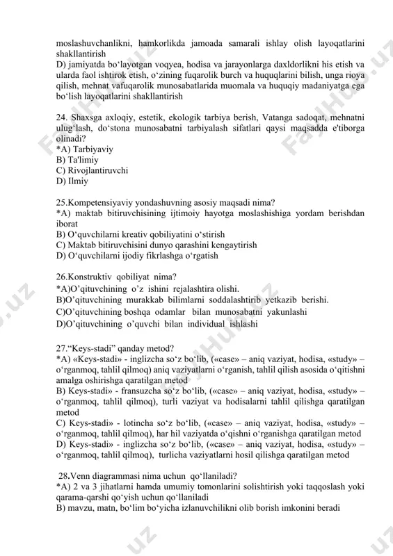 htirish va qiyoslash d) ikki tomonlama ish olib boorish va umumlashtirish 34. muammoli o‘qitish yetarli darajada bo‘lishi uchun qanday bo‘lishi kerak? *a) yaxlit o‘quv-tarbiya jarayoning uzviy qismi bo‘lishi kerak b) o‘quvchilar bilan individual suhbat qila bilish kerak c) o‘quv fanlari va bilishga bo‘lgan qiziqish bilan bo‘g‘langan bo‘lishi kerak d) o‘qituvchi yahshi tayyorlangan bo‘lishi kerak 35. muammoni hal etish bosqichlarini aniqlang. *a) isbotlash, tahlil qilish, solishtirish b) tekshirish, tushuntirish, isbotlash c) tushuntirish, umumlashtirish d) tekshirish, qiyoslash 36. muammoni qo‘yish va o‘zi yechish, muammoni qo‘yish va uning yechimini o‘quvchilar bilan birgalikda topish va o‘quvchilarning o‘zlari muammoni qo‘yadigan va uning yechimini topadigan usullar *a) muammoni to‘liq tushunib yetishga erishish va uni hal eta olishga o‘rgatish b) muammoli vaziyatlar yaratish usullari c) muammoli vaziyatni hal etish darajalari d) o‘ylash usullari 37. kompetensiyaviy yondashuvga asoslangan dts qachon qabul qilingan? *a) o‘zbekiston respublikasi vazirlar mahkamasining 2017-yil 6-aprel kungi 187-sonli qarori b) o‘zbekiston respublikasi vazirlar mahkamasining 2017-yil …