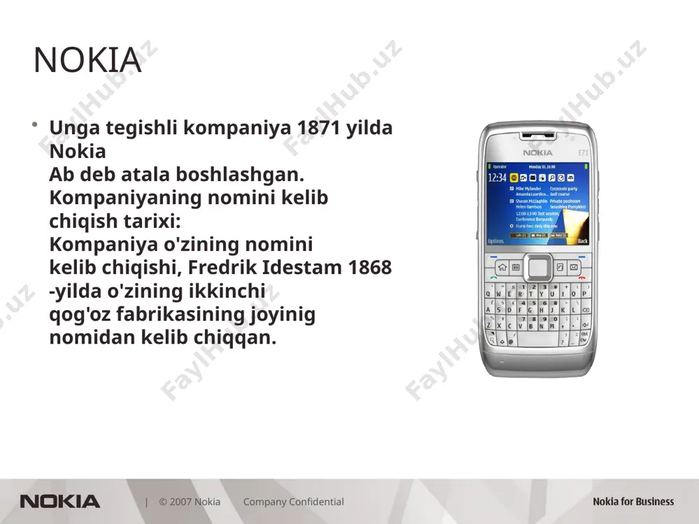 idential bu yog'ochni qayta ishlab qog'oz holatiga keltirish, elektronika va rezina ishlab chiqarish sohalariga tegishli edi. ta'kidlash lozim, kompaniya 20 asrning 60 yillariga kelib elektronika bilan jiddiy shug'ullana boshladi. aynan shu vaqtga kelib finnish kabel works sezilarli darajada kengaytirildi. u nafaqat yarimo'tkagichlar balki boshqa mahsulotlar ishlab chiqarishga ham ixtisoslasha boshladi. bukompaniya tarixidagi muhim voqea bo'ldi. agar shu ishga qo'l urilmaganida balkim biz finlandiyaning mashhur nokia mobil telefonlarini ham ko'rmas edik. elektronika bilan shug'ullanishni boshlagan kompaniya keyingi qadamlarni elektron aloqani tadqiq etish bo'limini kuchaytirish tomon tashladi. kompaniya qarori bilan 1969 yilda raqamli aloqa kommutatori ishga tushirildi. 70 yillar boshida esa ancha zamonaviy dx-200 deb nomlangan kommutatori ishga tushirildi. bu o'sha vaqtdagi eng zamonaviy vosita edi va uning yuragiga rivojlanib borayotgan intel kompaniyasining protsessorini o'rnatishdi. 1981 yilga kelib esa mobil aloqa standarti nmt standartiga asos solindi. u nokia kompaniyasining texnologiyasiga asoslangan edi. u qisqa vaqt ichida skandinaviyada rivojlana boshladi va astalik bilan …