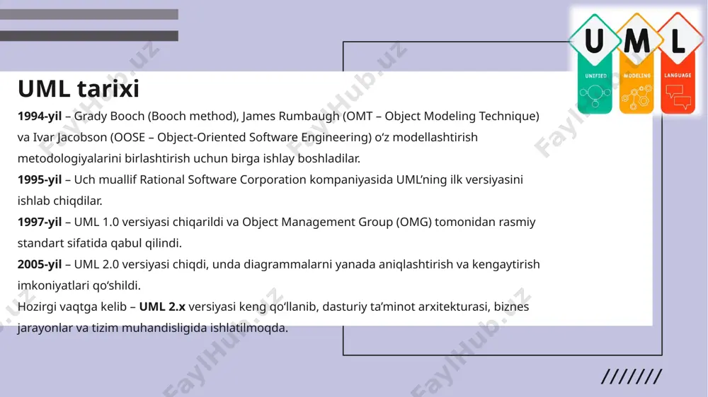 etodlar: move(). bola sinfi: avtomobil xususiyatlar: brand, model. metodlar: honk(). sinf diagrammasini chizish sinf diagrammasi — dasturiy ta'minot arxitekturasini tushunish va loyihalashda yordam beradigan vizual vosita. u obyektlar va ularning o'zaro aloqalarini ko'rsatadi. sinf diagrammalarini chisizishda asosiy bosqichlari: 1. tizim talablarini tahlil qilish: tizimning funksional talablari va foydalanuvchi ehtiyojlarini aniqlang. 2. sinf va obyektlarni aniqlash: tizimda mavjud bo'lgan asosiy sinflarni va ularning ob'ektlarini aniqlang. 3. xususiyatlar va metodlarni belgilash: har bir sinf uchun xususiyatlar (attributes) va metodlar (methods) ni aniqlang. 4. o'zaro aloqalarni ko'rsatish: sinflar o'rtasidagi bog'lanishlarni (association, aggregation, composition, inheritance) aniqlang va diagrammada ko'rsating. diagrammani chizish uchun diagramma yaratish vositalaridan foydalaning (masalan, plantuml, lucidchart, draw.io). sinf diagrammasi misoli: buyurtma tizimi sinf diagrammasi misoli: buyurtma tizimi image1.png image2.png image3.jpeg image4.jpeg image5.jpeg image6.jpeg image7.png image8.png image9.png image10.png image11.png image12.png image13.png image14.png image15.png image16.png image17.png image18.png image19.png image20.png image21.png image22.png image23.png image24.png image25.png image26.png image27.png image28.png image29.png image30.png image31.png image32.png image33.png /docprops/thumbnail.jpeg