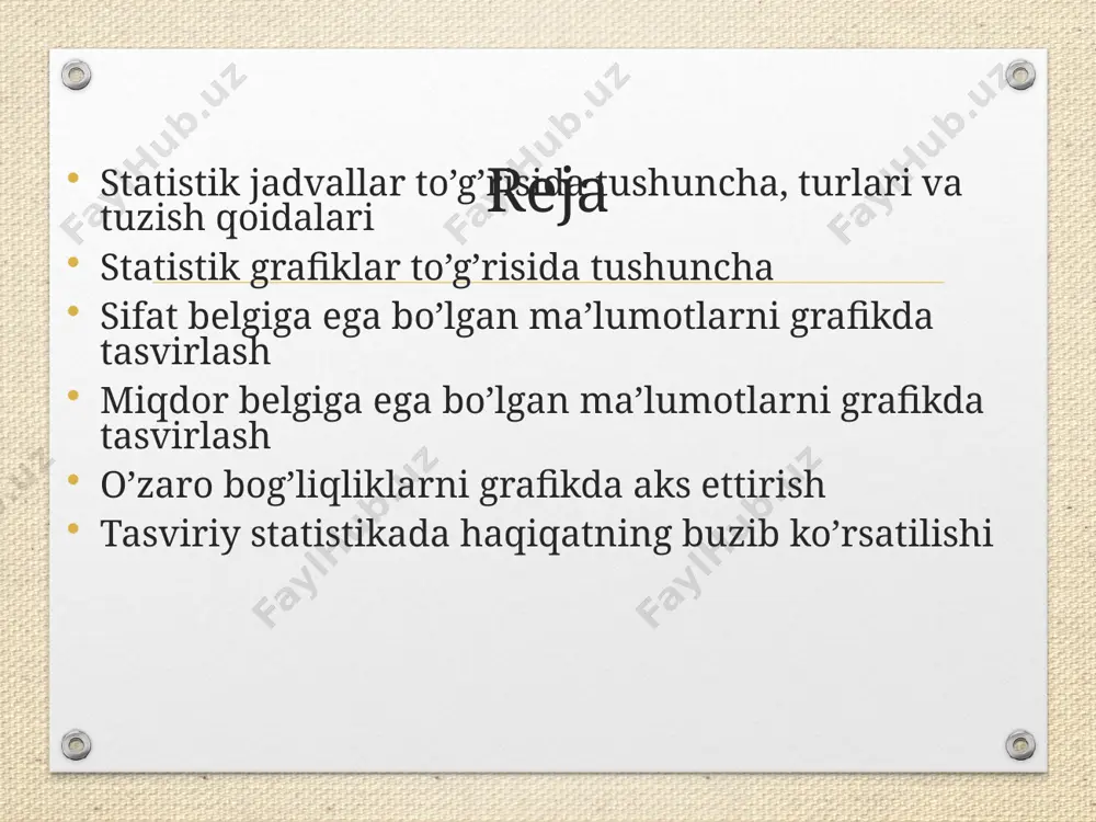 ali); kombinacion jadvallarga; kesim harakteriga qarab: kesimi oddiy ishlab chizilgan; kesim kombinaciya ishlab chiqilgan; guruhlash maqsadi bo'yicha: informaciya tavsifli; analitik; tipologik; mahsus tayinlangan (balans, matrica va h.k.) jadvallarga bo'linadi oddiy jadvallar deb egasi faqat hodisalar, yillar, ob'ektlar ro'yhatidan tashkil topgan jadvallarga aytiladi. oddiy jadvallar, ma'lumotlarni berilishiga qarab sanoqli, territorial va xronologik jadvallarga bo'linadi. jadval egasida hodisalar sanoqi berilishi mumkin. statistik jadvallarni tuzish va rasmiylashtirish bo'yicha quyidagi hoidalarga amal qilinadi: jadval uncha katta bo'lmasligi kerak. agar o'rganilayotgan to'plam juda murakkab bo'lsa, u qolda uni bitta jadval yordamida emas, balki bir-biri bilan boqlangan bir nechta jadvalda ifodalash zarur. jadvalning umumiy sarlavhasi uning mazmunining qisqa ifodasi bo'lishi kerak. unda vaqt, hudud, o'lchov birligi (agar ham ko'rsatkichlar bitta o'lchov birligida o'lchansa) ko'rsatiladi. ustun va qatorlardagi nomlar ham aniq, qisqa va tushunarli bo'lishi lozim. agarda jadval katta bo'lsa, qulaylik tug’dirish uchun jadvalning ustunlariga tartib nomeri beriladi, qatorlari bir, ikki va h.k yoki a, b, v …