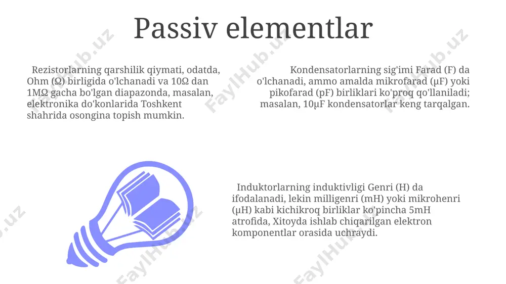 aydi. integrallashgan mikrosxemalar (ic), masalan, 74 seriyali mantiqiy elementlar, minglab tranzistorlarni o'z ichiga olishi mumkin va ularning hajmi atigi bir necha kvadrat millimetrni tashkil etadi, bu esa miniatyurizatsiya va energetik samaradorlikni ta'minlaydi. tranzistorlar, masalan, bipolyar qo'shma tranzistorlar (bjt) yoki dala effekti tranzistorlari (fet), elektron sxemalarning asosiy aktiv elementlari hisoblanadi va ularning o'tkazuvchanligi 100 ma dan 10 a gacha bo'lishi mumkin. elektr zanjiri tahlili elektr zanjiri tahlilida kvl (kirchhoffning kuchlanish qonuni) va kcl (kirchhoffning tok qonuni) 2 ta asosiy qonun bo'lib, ular elektron komponentlarning 50v dan yuqori kuchlanishdagi o'zaro ta'sirini hisoblashda qo'llaniladi. filtrlash zanjiri dizaynida 10 khz dan yuqori chastotalarni filtrlash uchun yuqori tartibli rc filtrlar, masalan, 5-tartibli chebyshev filtrlari qo'llaniladi. bunday filtrlar samarqanddagi radiotexnika zavodlarida ishlab chiqariladi. tranzistorli kuchaytirgichlarning 3ta asosiy turi mavjud: umumiy emitter, umumiy kollektor va umumiy baza. ularning har biri toshkentdagi elektronika laboratoriyalarida o'rganiladi. e'tiboringiz uchun rahmat @taqdimot_robot image1.jpeg image2.jpeg image3.jpeg