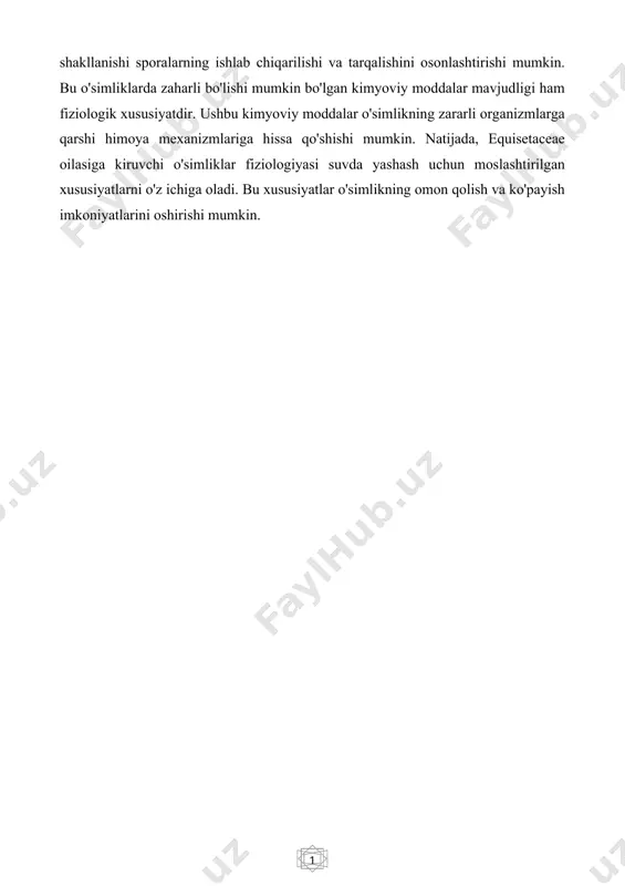 ini osonlashtirishi mumkin. bu o'simliklarda zaharli bo'lishi mumkin bo'lgan kimyoviy moddalar mavjudligi ham fiziologik xususiyatdir. ushbu kimyoviy moddalar o'simlikning zararli organizmlarga qarshi himoya mexanizmlariga hissa qo'shishi mumkin. natijada, equisetaceae oilasiga kiruvchi o'simliklar fiziologiyasi suvda yashash uchun moslashtirilgan xususiyatlarni o'z ichiga oladi. bu xususiyatlar o'simlikning omon qolish va ko'payish imkoniyatlarini oshirishi mumkin. 2.1 equisetaceae kelib chiqishi "equisetaceae" so'zi lotincha o'simlik oilasining nomi. "equisetum" jinsidan o'simliklarni o'z ichiga olgan bu oilaga otquloq o'simliklar kiradi. "equisetaceae" so'zi "equisetum" jinsi va oilasiga nisbatan yaratilgan. bu so'z botanika fanida otquloq o'simliklarini tasvirlash uchun ishlatiladi. equisetaceae oilasining tarqatishi equisetaceae oilasi, odatda, otquloqlar yoki shoshqaloqlar sifatida tanilgan, butun dunyo bo'ylab keng tarqalgan paporotnik ittifoqchilarining kichik guruhidir. oila 15 ga yaqin avlod va 25 turni o'z ichiga oladi, ular asosan shimoliy yarim sharning mo''tadil mintaqalarida uchraydi. ot dumlari o'tmishdagiga qaraganda ancha kam xilma-xildir, ba'zi avlodlar yo'q bo'lib ketgan, boshqalari esa bir yoki ikkita turga qisqargan. equisetaceae oilasining aksariyat …