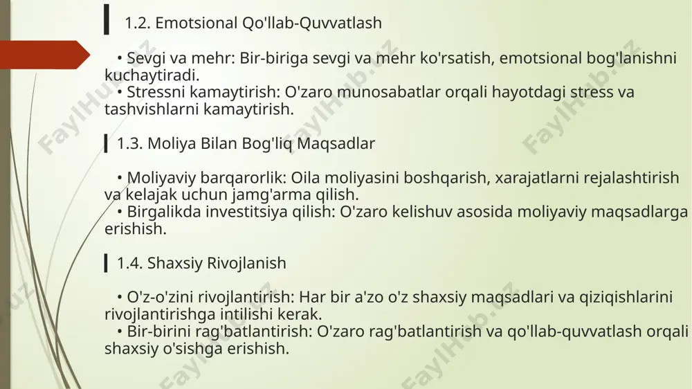 yordam: • har bir oila a'zosining shaxsiy rivojlanishi uchun imkoniyatlar yaratish, ularning o'zini rivojlantirishlariga yordam beradi. • oila ichida ta'lim olishga rag'batlantirish, bilim va ko'nikmalarni oshirishga yordam beradi. bir-birini rag'batlantirish: • oila a'zolarining maqsadlariga erishishda bir-birini rag'batlantirish, motivatsiyani oshiradi. • bir-birining yutuqlarini nishonlash, oila ichidagi ijobiy muhitni yaratadi. ▎7. muammolarni hal etish muammolarni muhokama qilish: • oila ichidagi muammolarni ochiq muloqot orqali hal qilish, sog'lom muhitni saqlab qolishga yordam beradi. • muammolar haqida gaplashishdan qochmaslik, ularni hal qilishda yordam beradi. halol muloqot: • muammolarni hal qilishda halol va samimiy bo'lish, ishonchni oshiradi. • har bir oila a'zosining fikrini inobatga olish zarur. 8. sog'lom hayot tarzi sog'lom turmush tarzini qo'llab-quvvatlash: • oila a'zolari sog'lom ovqatlanish, jismoniy faoliyat va psixologik salomatlikka e'tibor berishlari kerak. • sog'lom turmush tarzi nafaqat jismoniy salomatlikni, balki ruhiy salomatlikni ham yaxshilaydi. stressni boshqarish: • stressni boshqarish usullarini o'rganish (masalan, meditatsiya, sport) oilaning umumiy farovonligini oshiradi. • stressli …