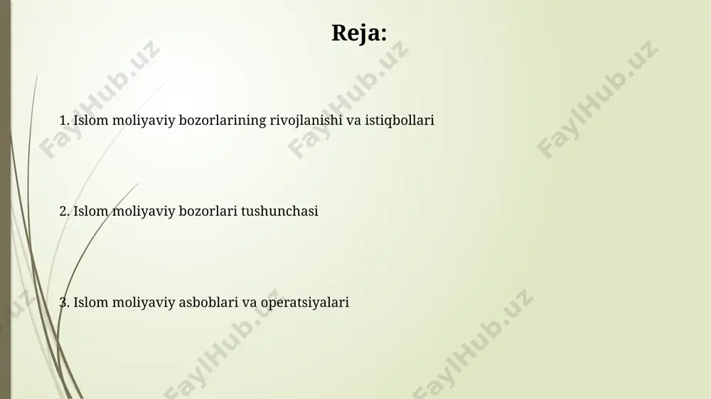 di va bu raqam doimiy ravishda o'sib bormoqda, ayniqsa, osiyo va afrikadagi rivojlanayotgan mamlakatlarda. islom moliyaviy bozorining rivojlanishiga sukuklar (islom obligatsiyalari) ning global miqyosda keng tarqalishi, shuningdek, islom banklari va moliya institutlarining sonining ko'payishi katta ta'sir ko'rsatmoqda. islom moliyaviy bozorlarining afzalliklari va kamchiliklari islom banklari 30% gacha murakkab bitimlarni amalga oshirishda qiyinchiliklarga duch kelishi mumkin, bu esa katta miqyosdagi loyihalarni moliyalashtirishni qiyinlashtiradi. ushbu bozorlarning kamchiligi sifatida global moliyaviy tizim bilan integratsiyaning past darajasi va shuningdek, 5-10% atrofida bo'lishi mumkin bo'lgan moliyaviy vositalarning cheklangan xilma-xilligini ko'rsatish mumkin. islom moliyaviy bozorlari ta'rifi ushbu bozorlarda murabbah, ijara, istisnoa kabi 5 dan ortiq turdagi shariatga muvofiq moliyaviy operatsiyalar amalga oshiriladi, ularning barchasi foizdan qat'iyan voz kechishga asoslangan. islom moliyaviy bozorlarining asosiy vositalari orasida sukuklar (islom obligatsiyalari) va islom banklari hisobvaraqlari mavjud bo'lib, ularning soni yildan-yilga 10-15% ga o'sib bormoqda. e'tiboringiz uchun rahmat @taqdimot_robot image1.jpg image2.jpg image3.jpg image4.jpg image5.jpg image6.jpg image7.jpg