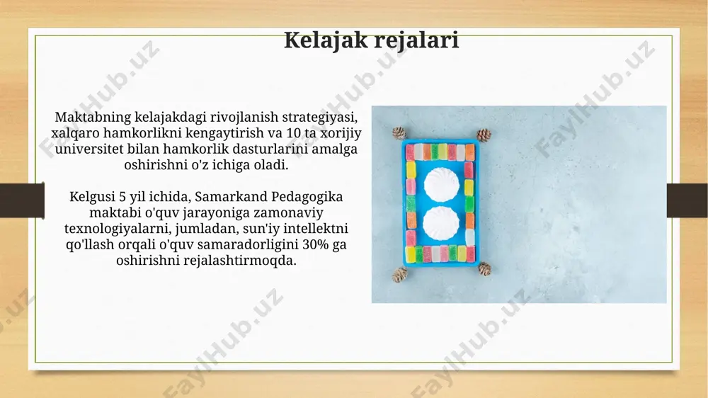 i 2025 yilgacha bo'lgan davr uchun yangi bosqichga olib chiqish maqsadida 3 ta asosiy yo'nalishni – innovatsiyalar, tadqiqotlar va xalqaro hamkorlikni belgilangan. samarqand pedagogika maktabi 20 dan ortiq mahalliy va xalqaro tashkilotlar bilan "jamiyat bilan hamkorlik" doirasida o'quv-uslubiy materiallar almashish bo'yicha faol hamkorlik qiladi. oʻtgan asrning merosi maktabning oʻquv dasturi jahon ta’lim tizimlarining eng yaxshi namunalarini oʻzida mujassamlashtirib, ilgʻor pedagogik texnologiyalar, jumladan, 15 dan ortiq yangi usullarni qoʻllagan. 1930-yillarda samarqand pedagogika maktabi milliy kadrlar tayyorlashda muhim rol oʻynab, 5 yillik oʻquv muddati davomida minglab mutaxassislarni tarbiyalagan. zamonaviy taʼlim texnologiyalari interfaol o'yinlar va simulyatsiyalar kabi zamonaviy ta'lim texnologiyalari 5 dan ortiq sezgilarni jalb qilib, ma'lumotni yaxshiroq o'zlashtirishga va 70% ga yaqin eslab qolish darajasini ta'minlashga yordam beradi. sun'iy intellekt (ai) asosidagi vositalar individual o'quv rejalari tuzishga, 10 dan ortiq o'quvchi profillarini tahlil qilib, har bir talabaning o'ziga xos ehtiyojlariga moslashtirilgan ta'limni ta'minlash imkonini beradi. pedagogik kadrlar tayyorlash pedagogik kadrlar tayyorlash bo‘yicha …