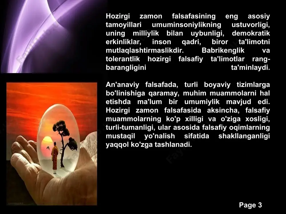 axluqotlarning instinktlari, xatti-harakatlari — irodaning namoyon bo'lishidir. inson faoliyati ham aqldan begona bo'lgan irodaning natijasidir. shuning uchun inson mohiyati irrotsional asosga ega. aql esa tasodifiydir. inson hayoti doimo aylanib turgan iroda bildiragiga bobliqdir. page * neotomizm — xx asrdagi eng yirik diniy-falsafiy oqim bo'lib, u o'rta asrlardagi (xiii asr) foma akvinskiyning ta'limotini qaytadan tikladi. u (neo — yangi, tomizm — «foma», transkripsiyada «toma» bo'lib o'zgargan) foma akvinskiyning yangi, zamonaviy ta'limoti demakdir. bu ta'limotga ko'ra, ilm va e'tiqod o'rtasida to'la muvofiqlik, uybunlik bor. ular bir-birini to'ldirib turadi, har ikkisi ham xudo tomonidan berilgan xaqiqat page * neotomistlar dunyoni, jamiyatni xudo yaratgan, jamiyat taraqqiyoti xudoning rejasi asosida boradi, deydilar. diniy teologiya oqimi bo'lganligidan neotomizm albatta, ilohiy qadriyatlarni ustuvor qo'yadi. ammo u din va uning jamiyatdagi o'rniga, o'zining nomi kelib chiqishiga sabab bo'lgan, foma akvinskiy zamonidan farqli yondoshadi. fomadan keyingi davr yevropada xristianlikning sofligini saqlash boyasi, asta-sekin mutlaqlashib, o'rta asr aqidaparastligining ma'lum ko'rinishlaridan …