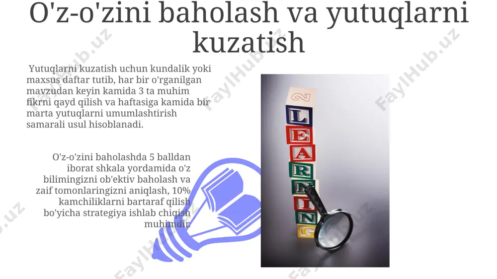 ustaqil ravishda egallashni o'z ichiga oladi. muammolarni hal qilish va qaror qabul qilish muammoni hal qilishda kamida 3 ta turli yechimni o'ylab topish va ularning har birini kamchiliklarini va afzalliklarini 5 balldan baholash samarali strategiya hisoblanadi. risklarni baholashda ehtimollik nazariyasi (masalan, bayes teoremasi) va 1 dan 10 gacha bo'lgan miqyosda salbiy oqibatlarning og'irligini aniqlash foydalidir. ma'lumot manbalarini tanlash turli formatdagi ma'lumotlar – matn, audio, video – dan foydalanish, o'rganish jarayonini samaraliroq qilish va ma'lumotni yaxshiroq tushunishga yordam beradi, bu esa bilish darajasini 20% ga oshirishi mumkin. ma'lumot manbalarining ishonchliligini baholashda muallifning malakasi, nashr etilgan yili va boshqa manbalar bilan mos kelishini tekshirish kabi 5ta mezonni qo'llash kerak. rejalashtirish va vaqtni boshqarish 01 02 rejalashtirishda 20/80 qoidasidan foydalaning: muvaffaqiyatning 80%ini 20% harakatlar ta'minlaydi, shuning uchun eng samarali vazifalaringizga ustuvorlik bering va vaqtingizni tejang. sales 1st qtr 2nd qtr 100 0 sales 1st qtr 2nd qtr 100 0 hamkorlik va sheriklik mustaqil …