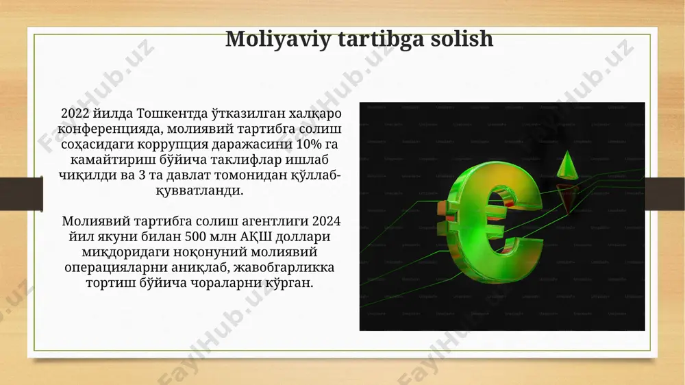 томонидан 15% ставкада рефинанслаш операциялари миқдори 2022 йилга нисбатан 10% га ошди. жаҳон банкининг 2024 йилги ҳисоботига кўра, ўзбекистондаги молиявий барқарорлик индекси 5,2 баллни ташкил этиб, мдҳ мамлакатлари ўртасида 3-ўринни эгаллади. moliyaviy vositalar bozori 2022 йилда ўзбекистон молиявий воситалар бозорининг умумий ҳажми 150 триллион сўмдан ошди, бу эса 2021 йилга нисбатан 25% га ўсишни англатади. ўзбекистон республикаси марказий банки 2023 йилда молиявий воситалар бозорининг барқарорлигини таъминлаш учун 10 дан ортиқ янги қонунчилик ҳужжатларини қабул қилди. e'tiboringiz uchun rahmat @taqdimot_robot image7.jpg image8.jpg image9.jpg image10.jpg image11.jpg image12.jpg image13.jpg image14.jpg image15.jpg image16.jpg image17.jpg image18.jpg image3.png image4.png