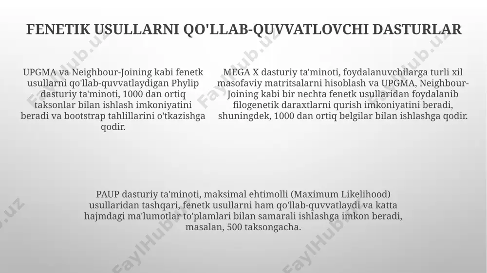 yesian usullarini o'z ichiga oladi, bu esa daraxtlarning ishonchliligini aniqlashga yordam beradi. farkli uzunlikdagi shoxchalar bilan daraxtlarni vizualizatsiya qilish uchun daraxt turli ranglar va shakllar yordamida 500 dan ortiq taksonni aniq ko'rsatish imkoniyatini beradi. filogenetik daraxtlarni tahlil qilishda, daraxtlarning uzunligi va shoxchalar soni kabi parametrlarni hisoblash uchun daraxtlar statistik testlarni, jumladan, chi-kvadrat testini taqdim etadi. maksimal parsimoniya usuli maksimal parsimoniya usuli, filogenetik daraxtlarni qurishda, eng kam o'zgarishlar sonini talab qiladigan filogenetik gipotezani tanlashga asoslangan bo'lib, ko'pincha 1000 dan ortiq taksonlarni o'z ichiga olgan katta ma'lumotlar to'plamlarida qo'llaniladi. maksimal parsimoniya, daraxtning uzunligini (ya'ni, o'zgarishlar sonini) minimallashtirishga harakat qiladi va bir nechta teng darajada parsimon daraxtlar mavjud bo'lganda, ularning konsensusiy daraxtini hosil qilish uchun algoritmlar qo'llaniladi. ushbu usul, xarakter holatlarining o'zgarishiga asoslangan bo'lib, har bir xarakter holati uchun ikki holatli (masalan, 0 va 1) yoki ko'p holatli (masalan, a, b, c) ko'rinishlarga ega bo'lishi mumkin va shu orqali filogenetik munosabatlarni aniqlashga yordam …